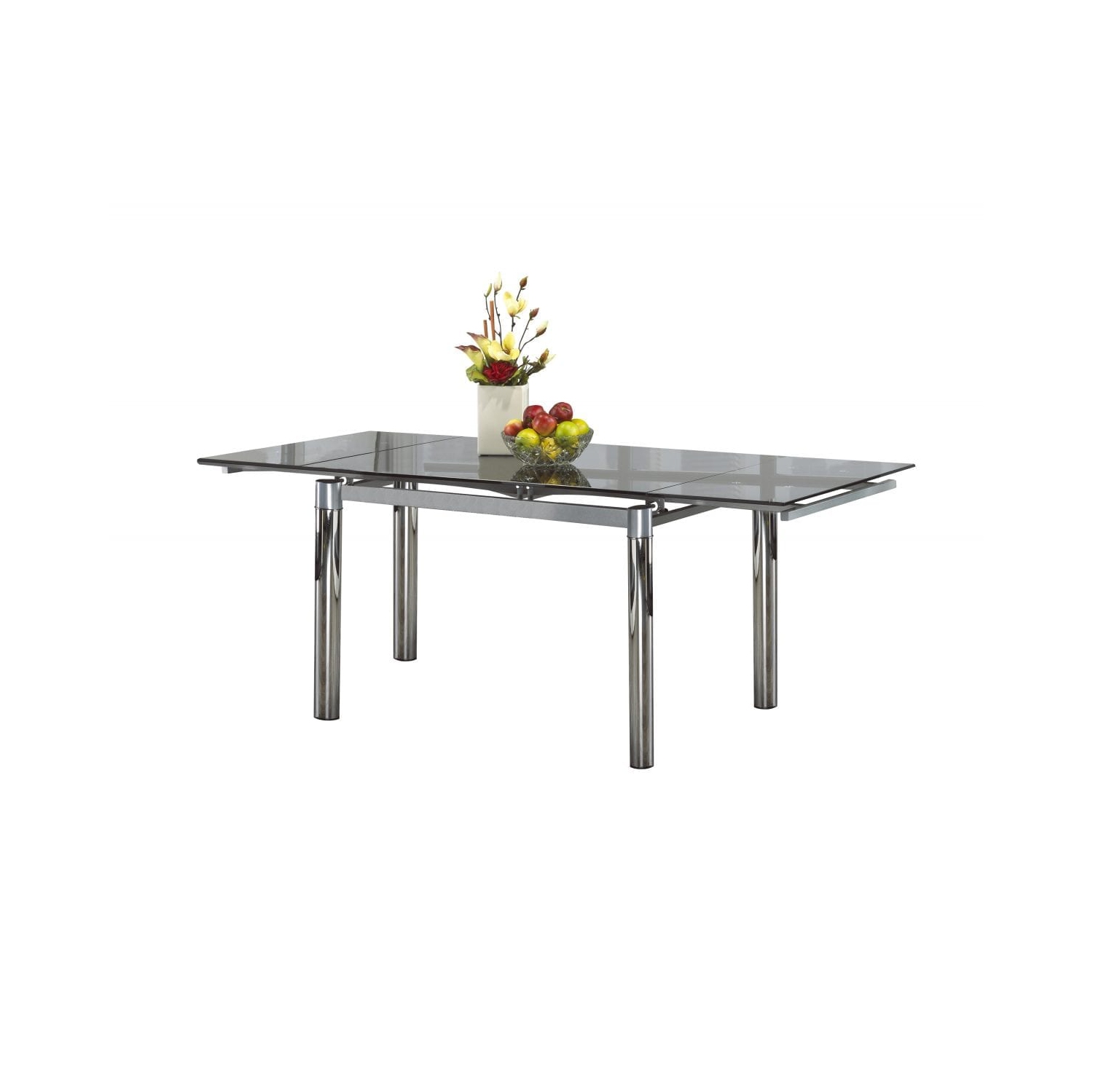 Table extensible moderne en verre transparent avec pattes cylindriques en métal au fini chromé pour 4 à 6 personnes