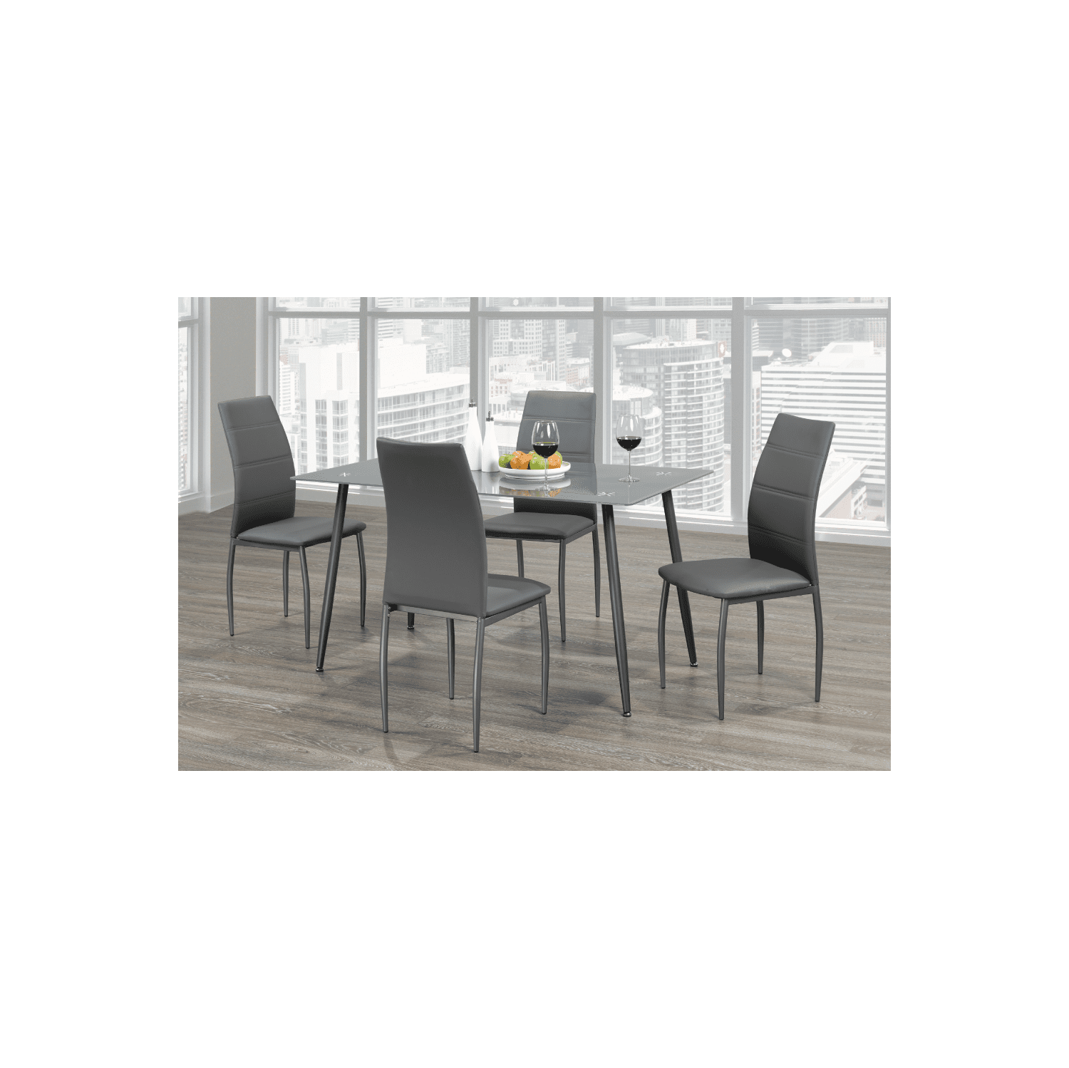Frosted Glass Modern Dining Table with Grey Finish Metal Tapered Legs Seats 4