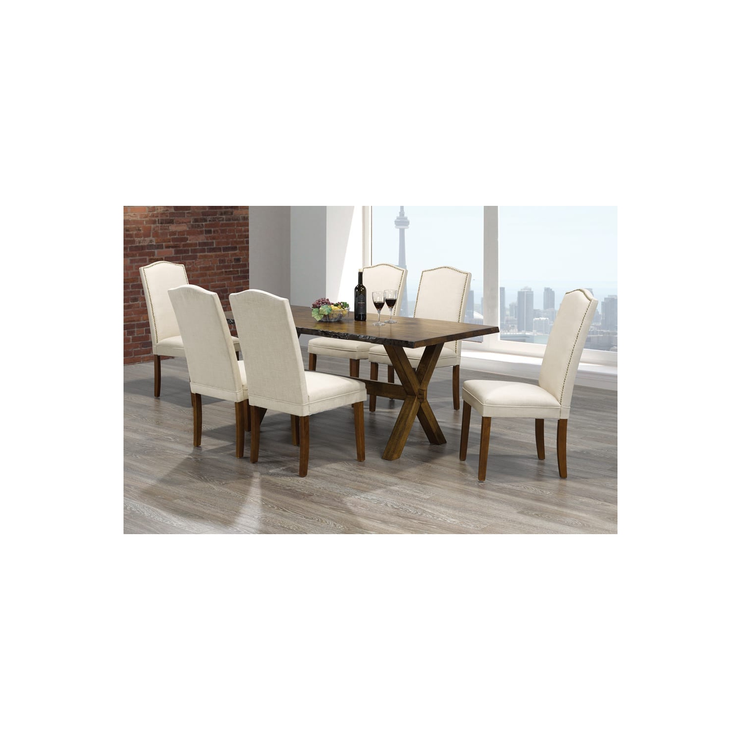 Bois finition noyer avec tissu beige lin Chaises de salle à manger contemporaines Parson Garniture tête de clou 2 / bte