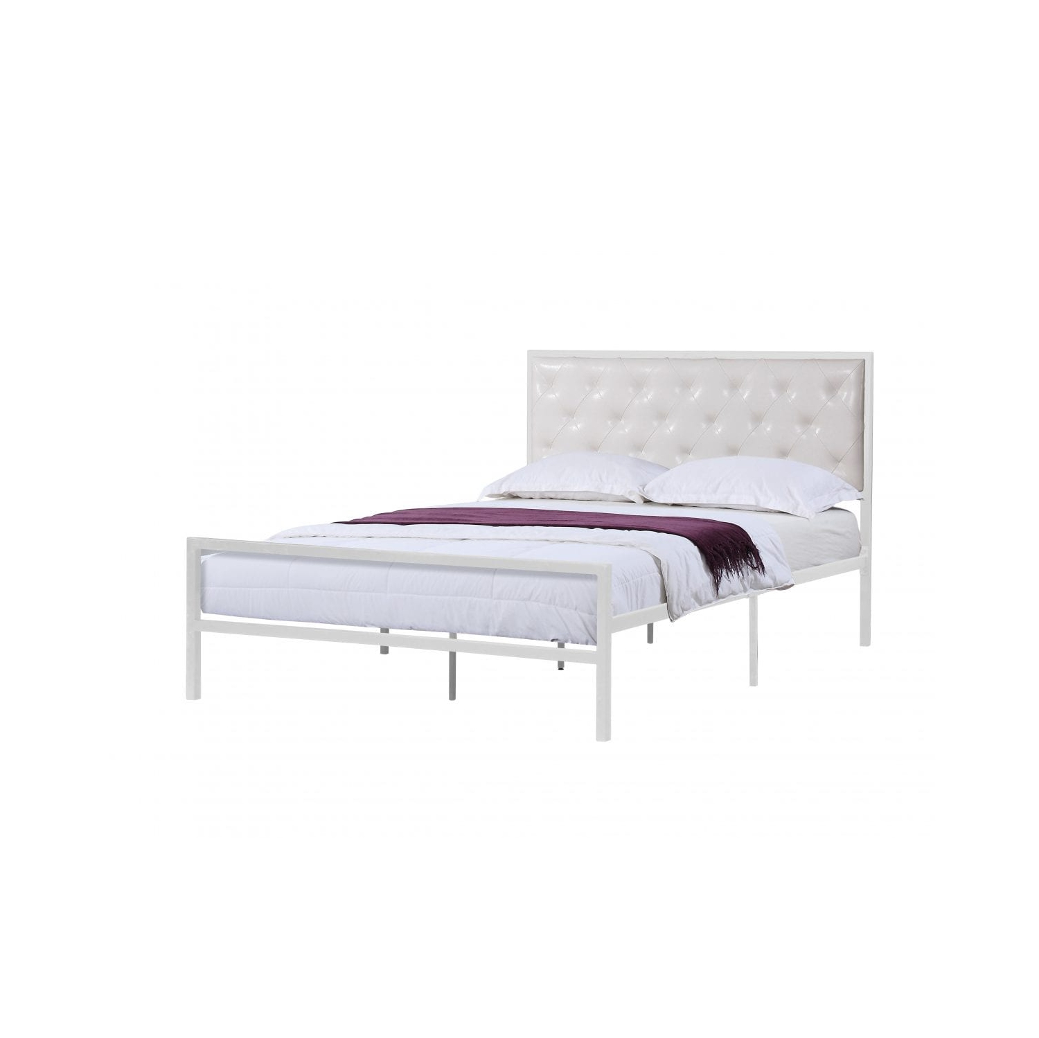 39" Single White Metal Frame Bed with White Bonded Leather Headboard No Boxspring Required