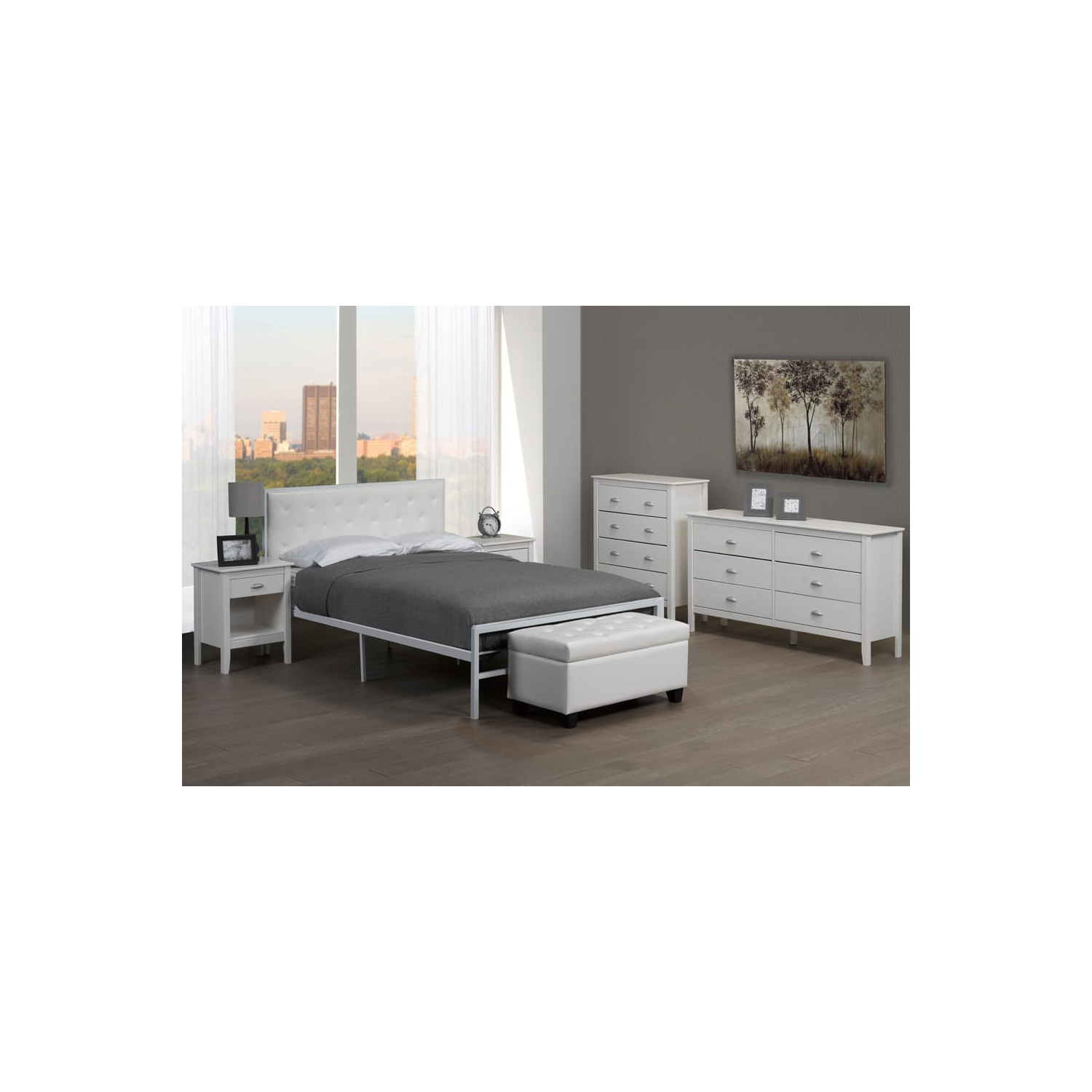 39" Single White Metal Frame Bed with White Bonded Leather Headboard No Boxspring Required