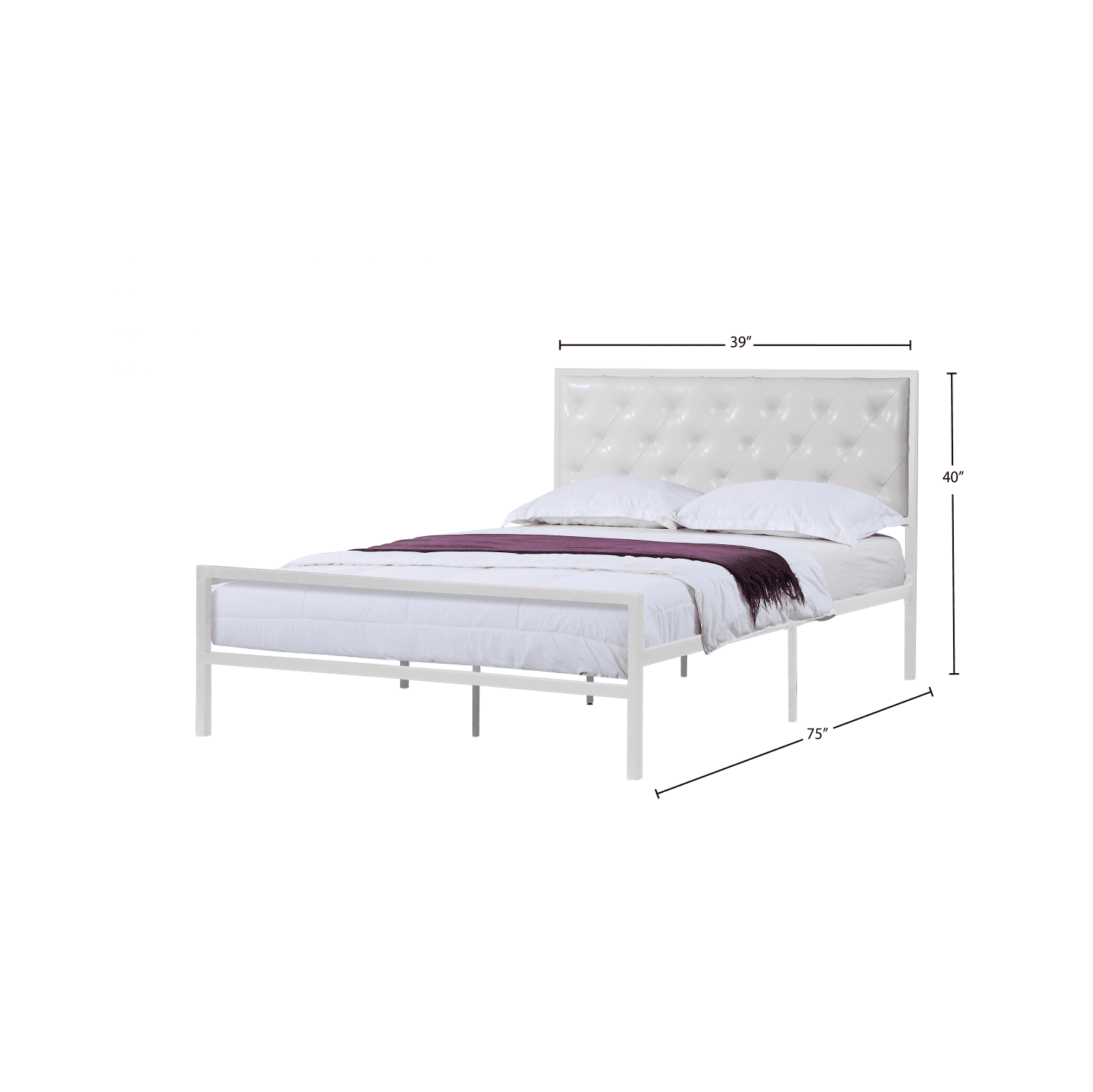 39" Single White Metal Frame Bed with White Bonded Leather Headboard No Boxspring Required