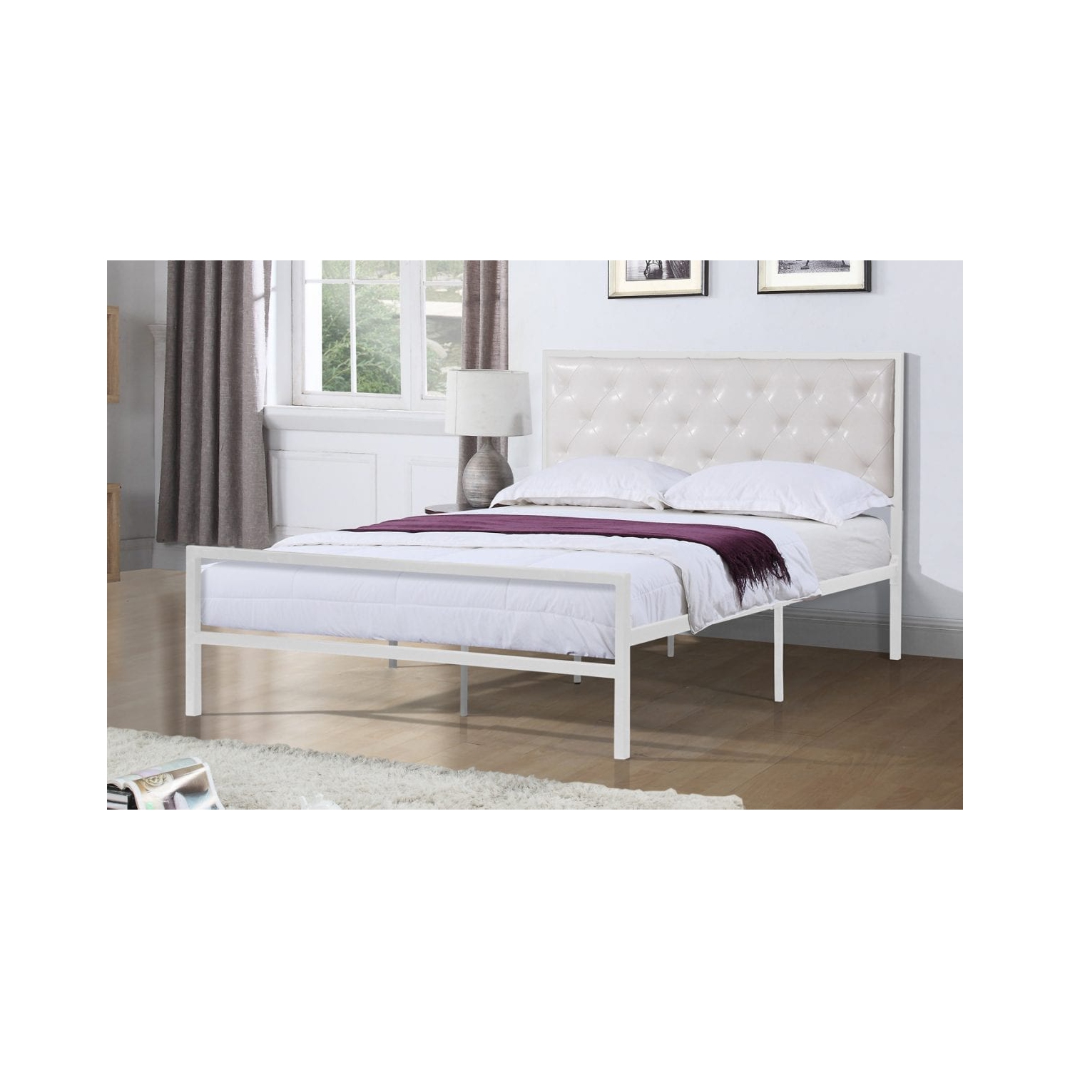 39" Single White Metal Frame Bed with White Bonded Leather Headboard No Boxspring Required