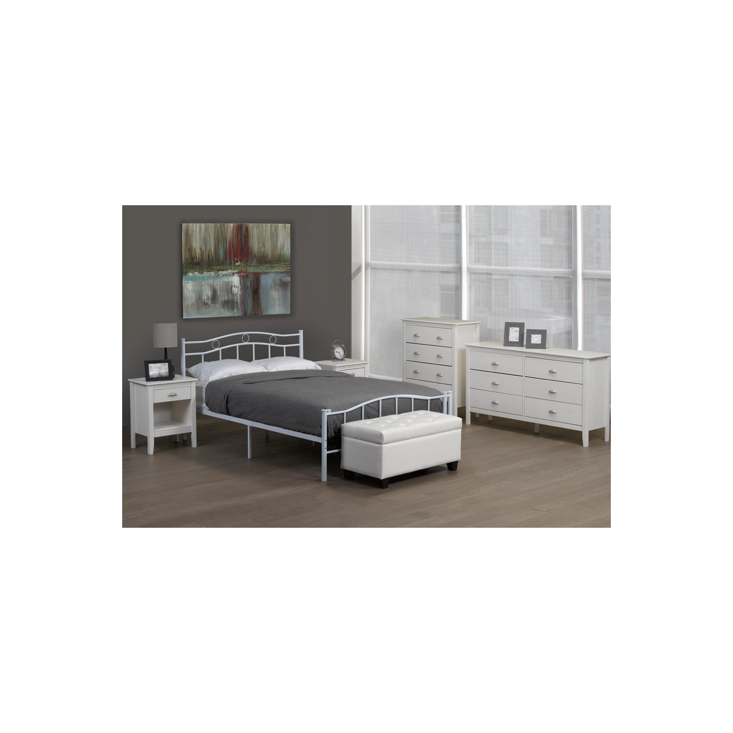 54" Double White Metal Frame Contemporary Platform Bed with Slats No Boxspring Required