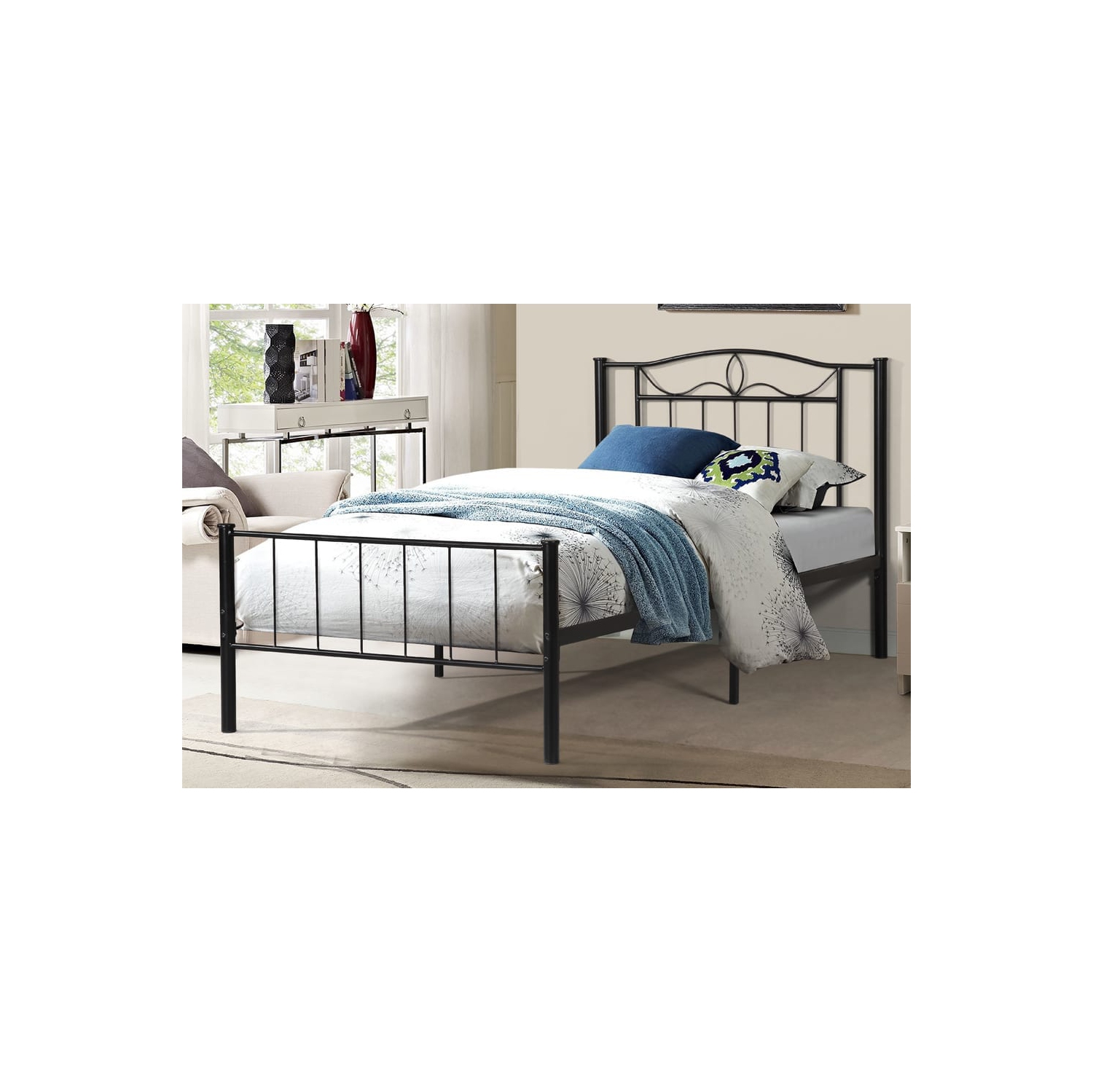 39" Single Black Metal Frame Contemporary Platform Bed with Slats No Boxspring Required
