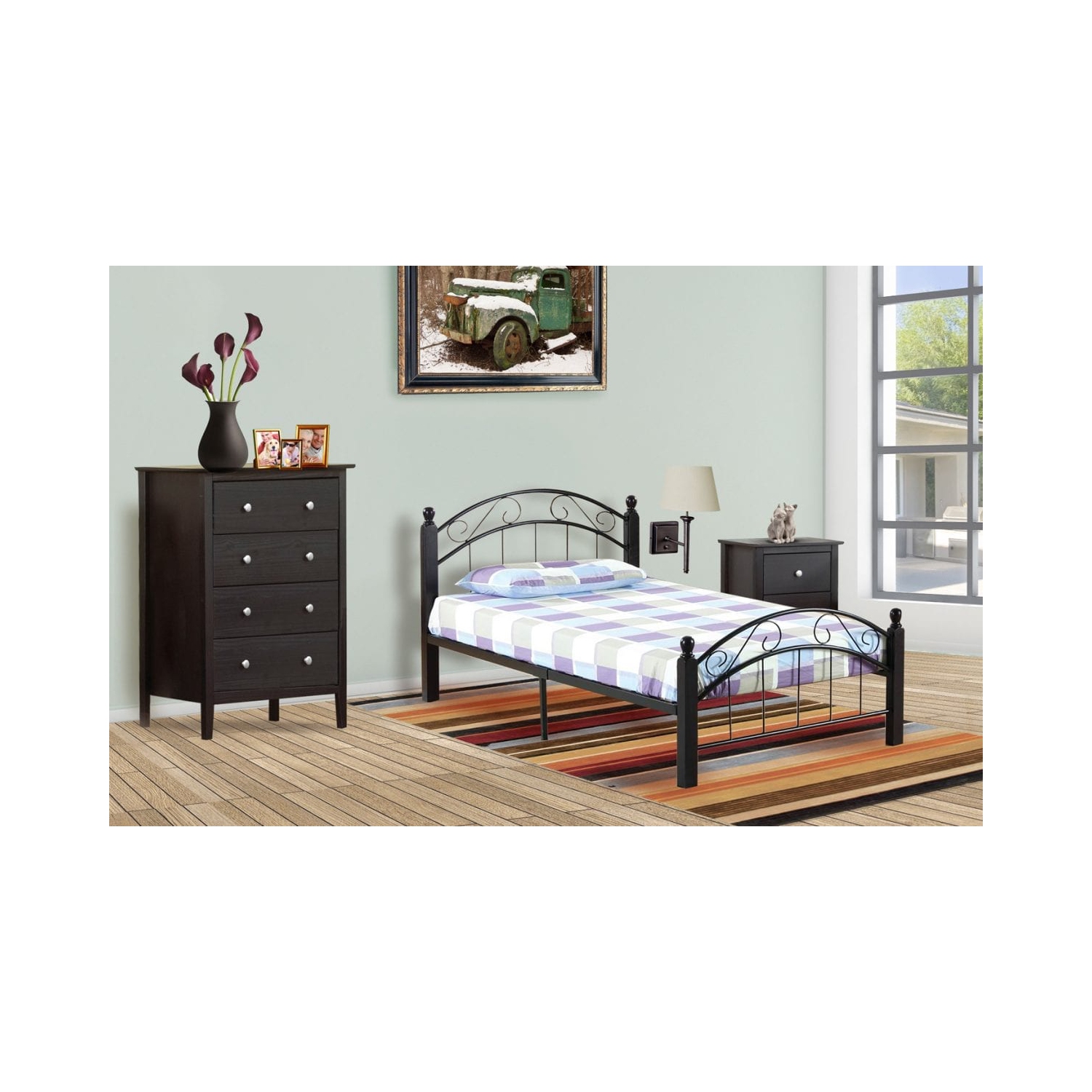 Cadre simple en métal noir de 39 "avec pieds en bois espresso foncé Lit plateforme traditionnel avec lattes Aucun sommier requis