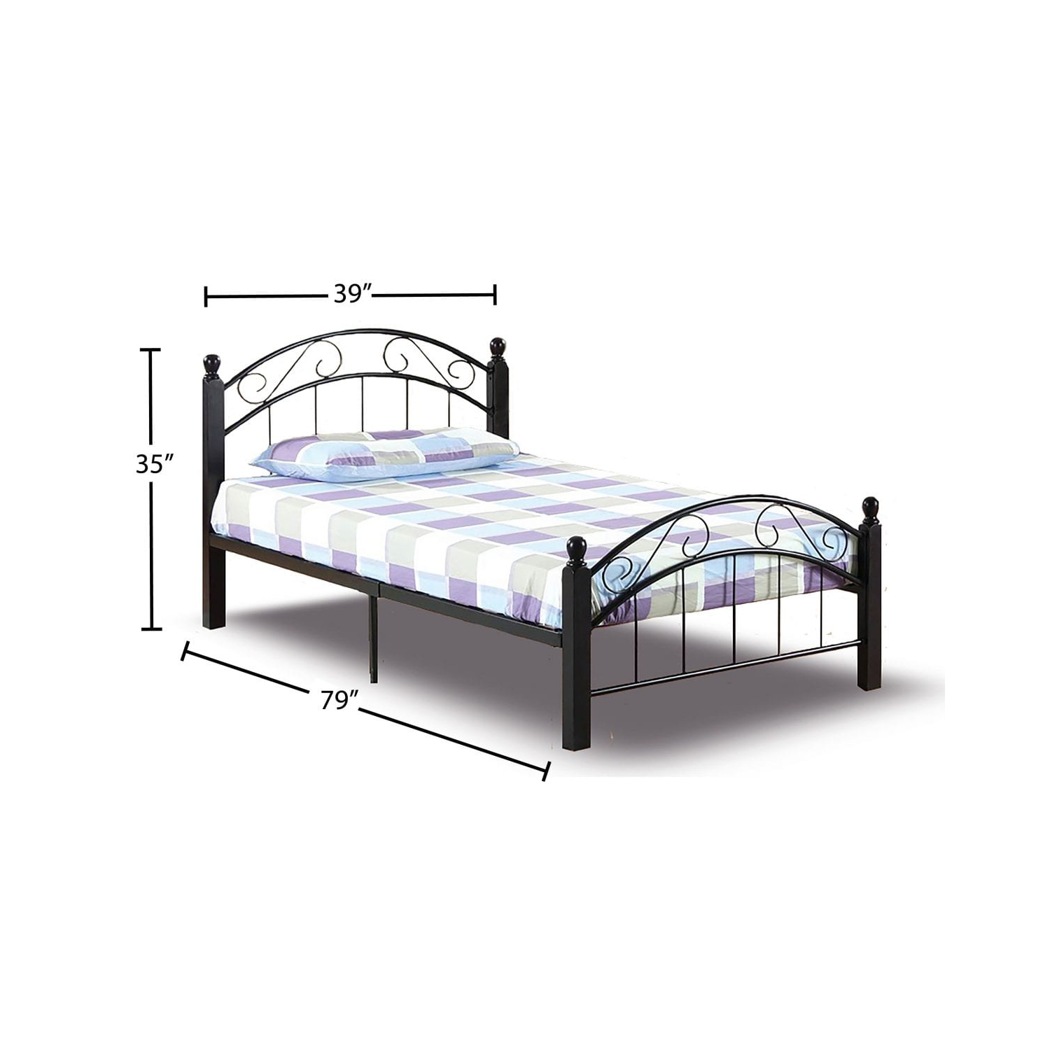 Cadre simple en métal noir de 39 "avec pieds en bois espresso foncé Lit plateforme traditionnel avec lattes Aucun sommier requis