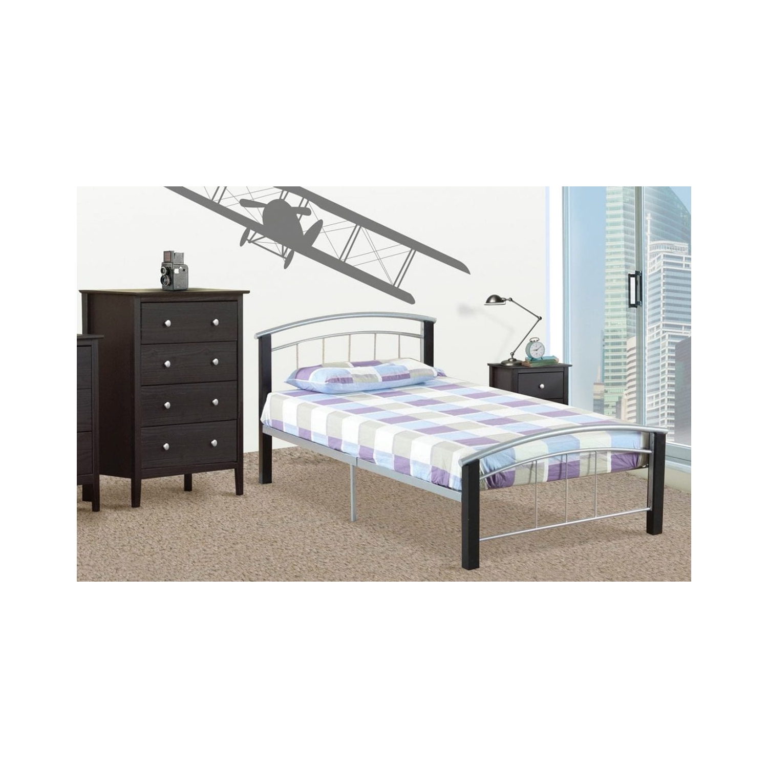 39" Single Black Wood Legs and Pewter Metal Frame Contemporary Platform Bed with Slats No Boxspring Required