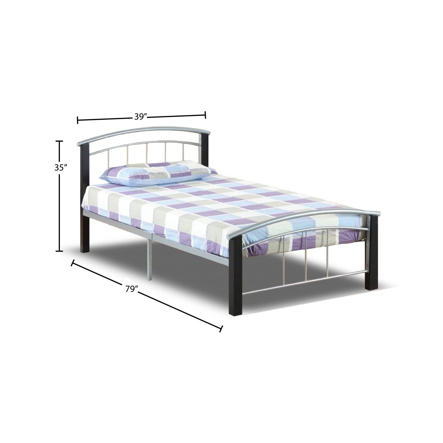 39" Single Black Wood Legs and Pewter Metal Frame Contemporary Platform Bed with Slats No Boxspring Required