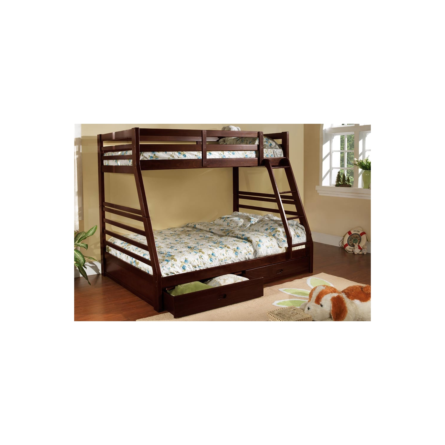 Espresso Wood Finish Single Over Double 39"/54" Bunk Bed with Full Length Guardrails, Ladder and 2 Storage Drawers