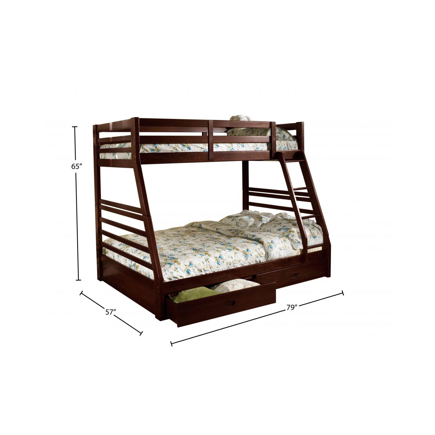 Espresso Wood Finish Single Over Double 39"/54" Bunk Bed with Full Length Guardrails, Ladder and 2 Storage Drawers