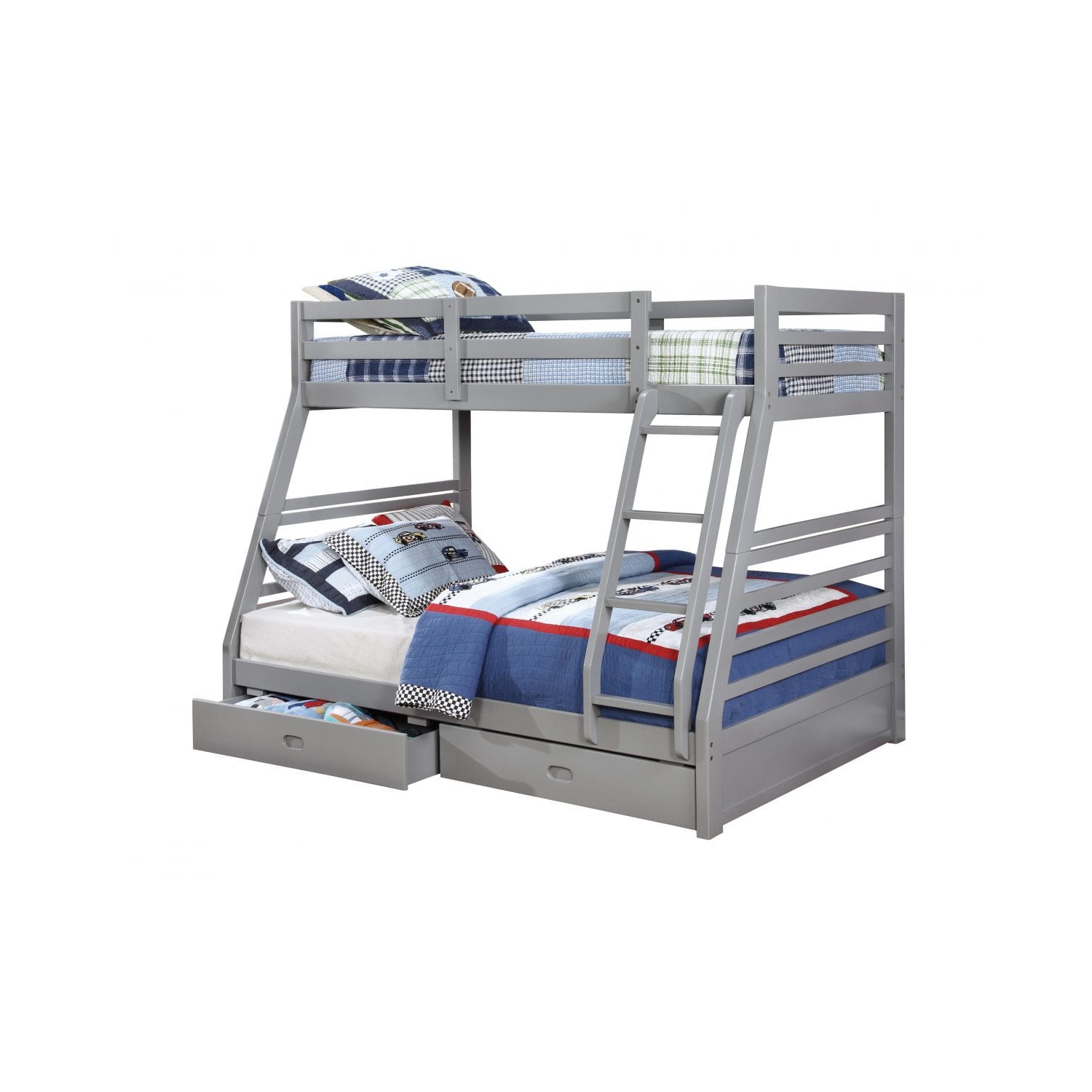 Lit superposé simple sur double 39 po/54 po au fini bois gris avec rails de lit pleine longueur, échelle et 2 tiroirs de rangement