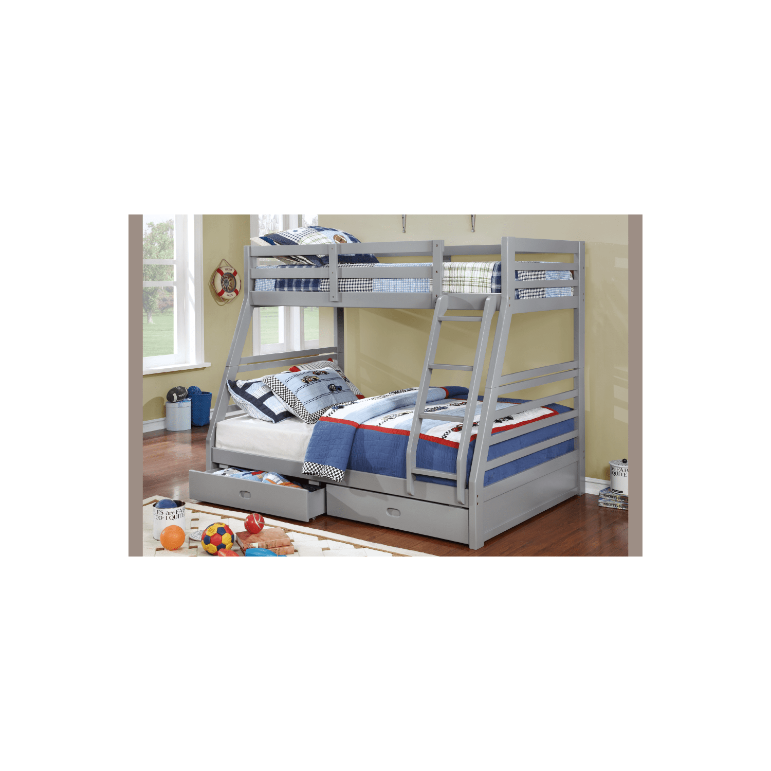 Lit superposé simple sur double 39 po/54 po au fini bois gris avec rails de lit pleine longueur, échelle et 2 tiroirs de rangement