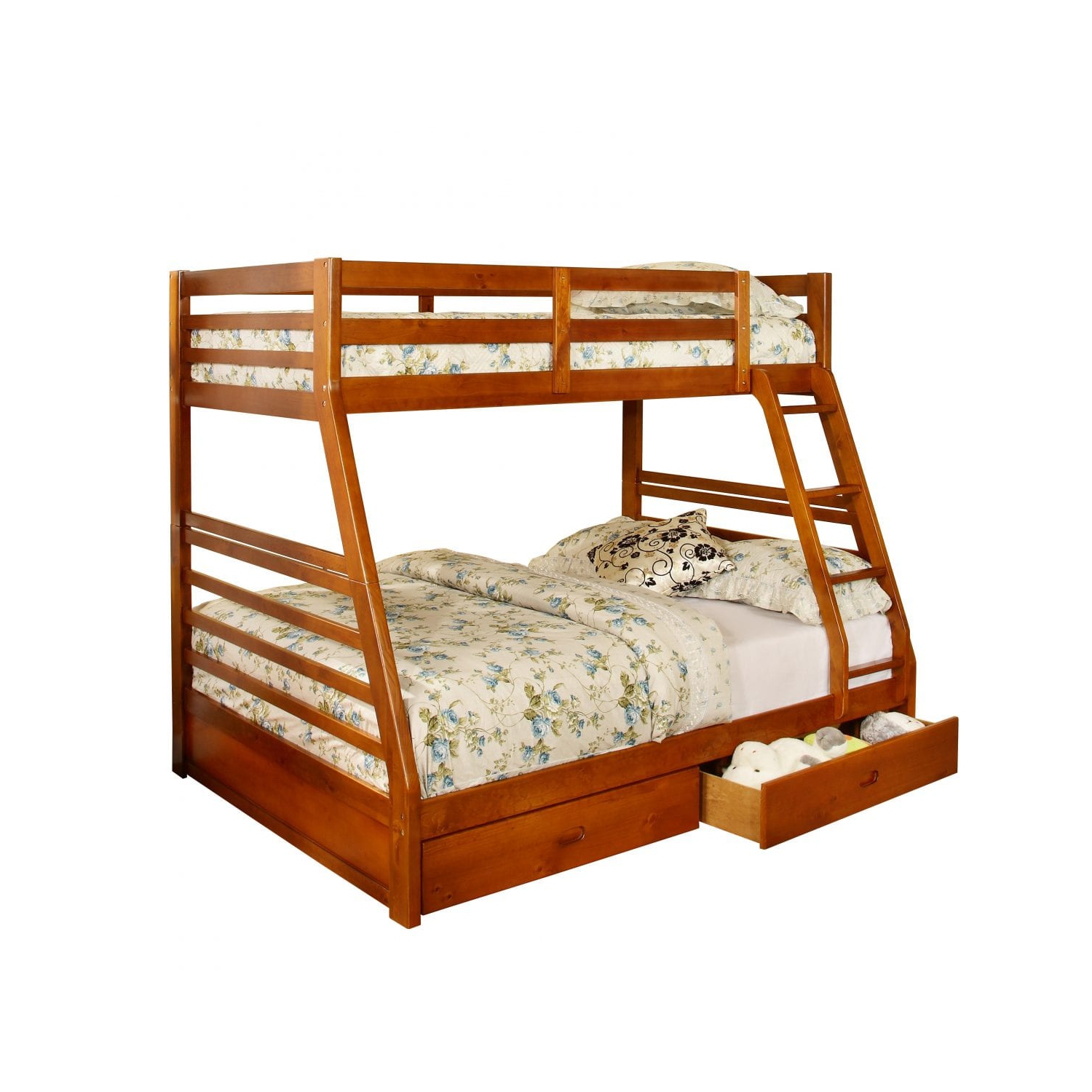 Lit superposé simple sur double 39 "/ 54" fini bois miel avec garde-corps pleine longueur, échelle et 2 tiroirs de rangement