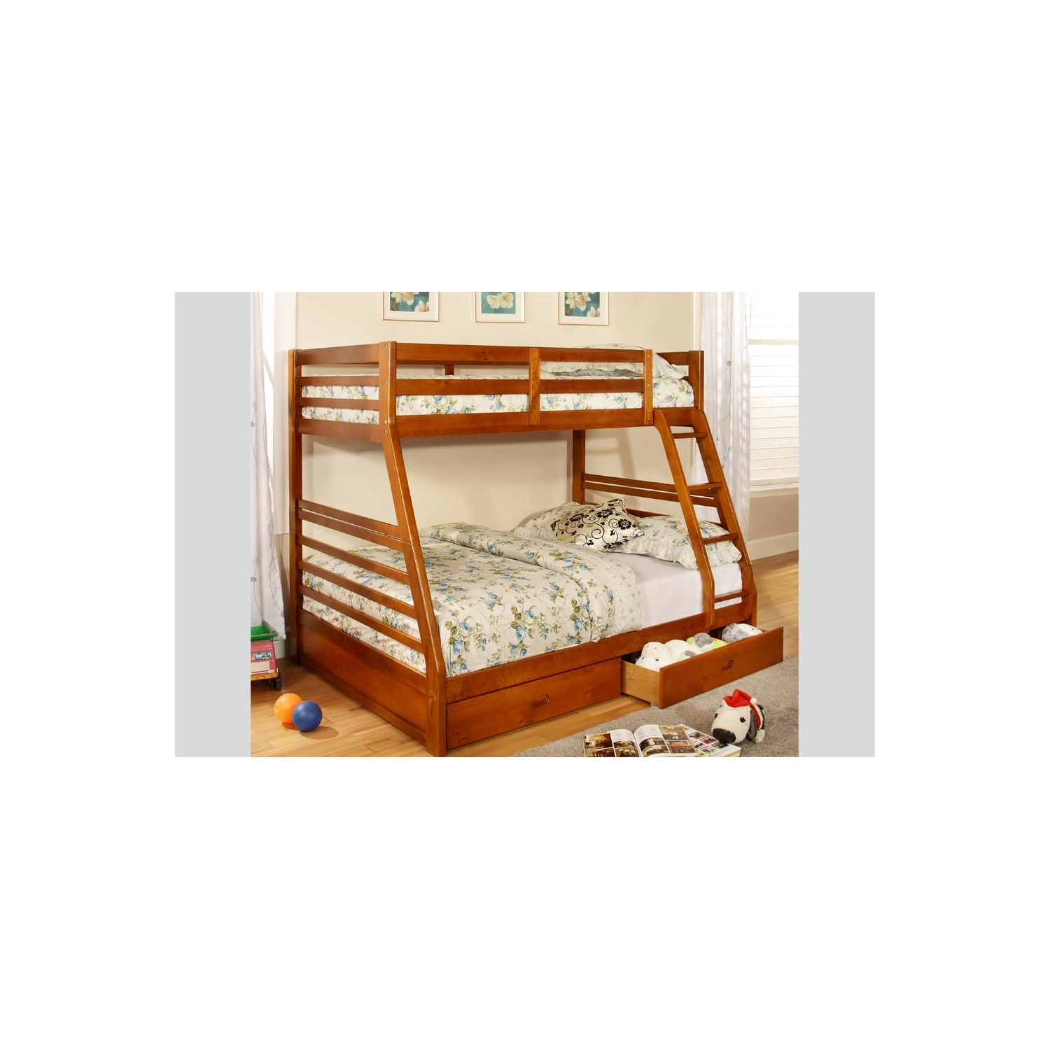 Lit superposé simple sur double 39 "/ 54" fini bois miel avec garde-corps pleine longueur, échelle et 2 tiroirs de rangement