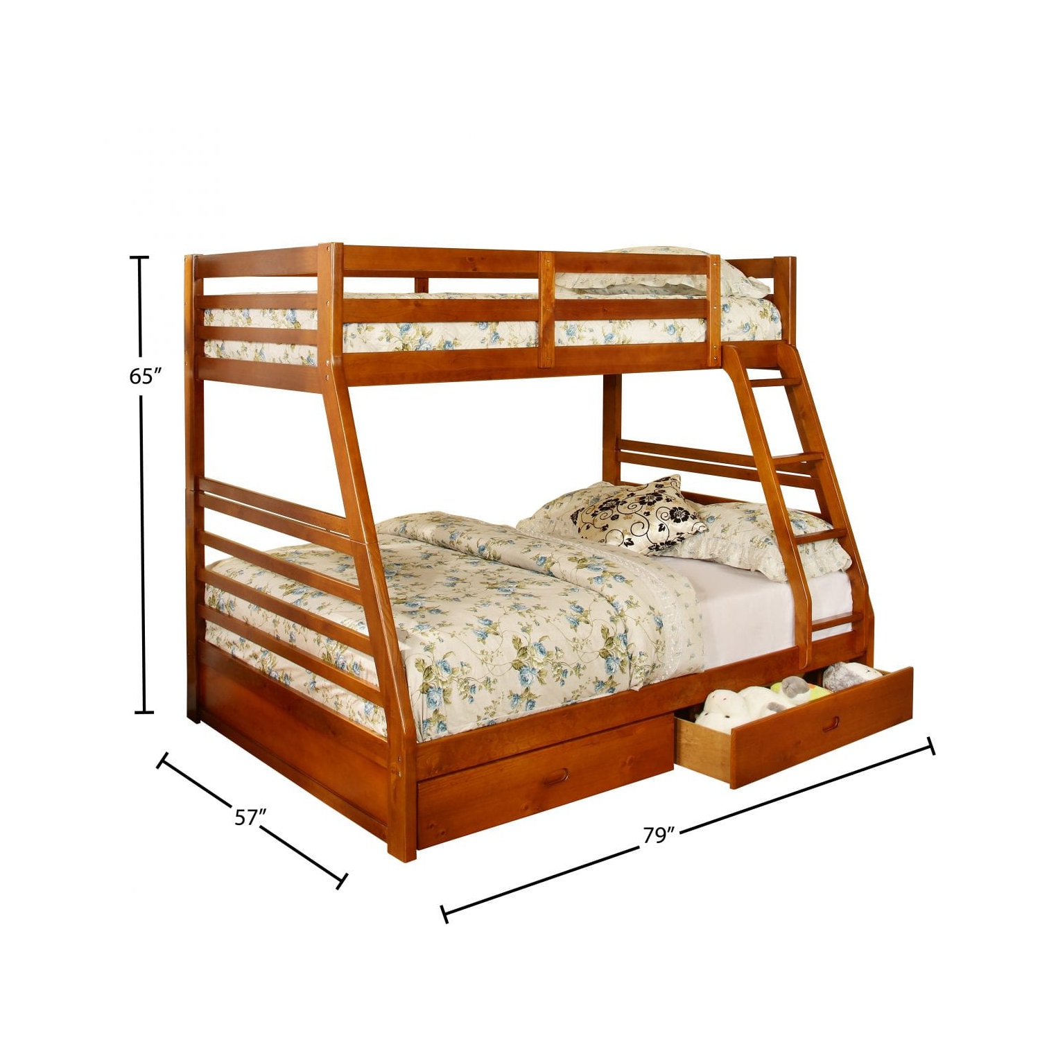 Lit superposé simple sur double 39 "/ 54" fini bois miel avec garde-corps pleine longueur, échelle et 2 tiroirs de rangement