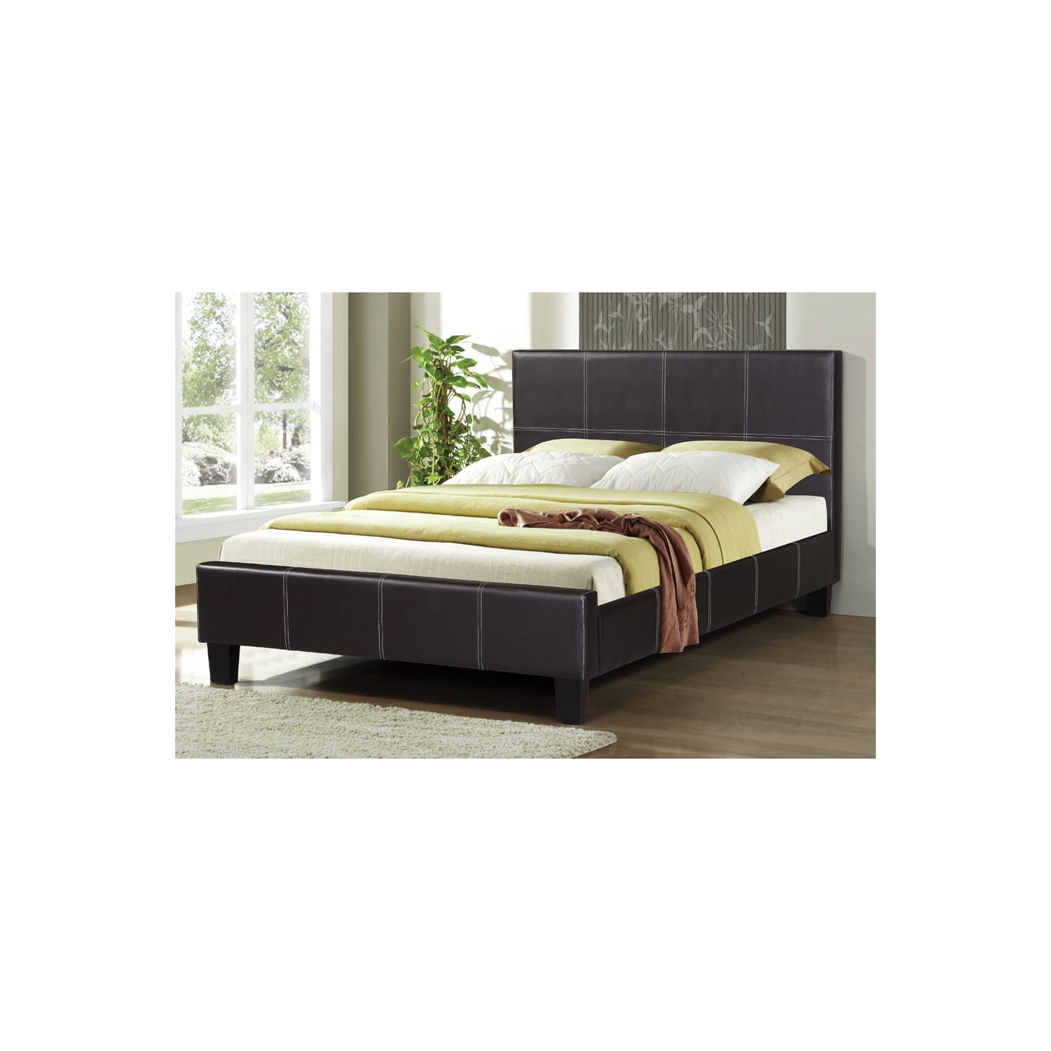 Espresso Bonded Leather Contemporary 60" Queen Platform Bed Slats Included No Boxspring Required