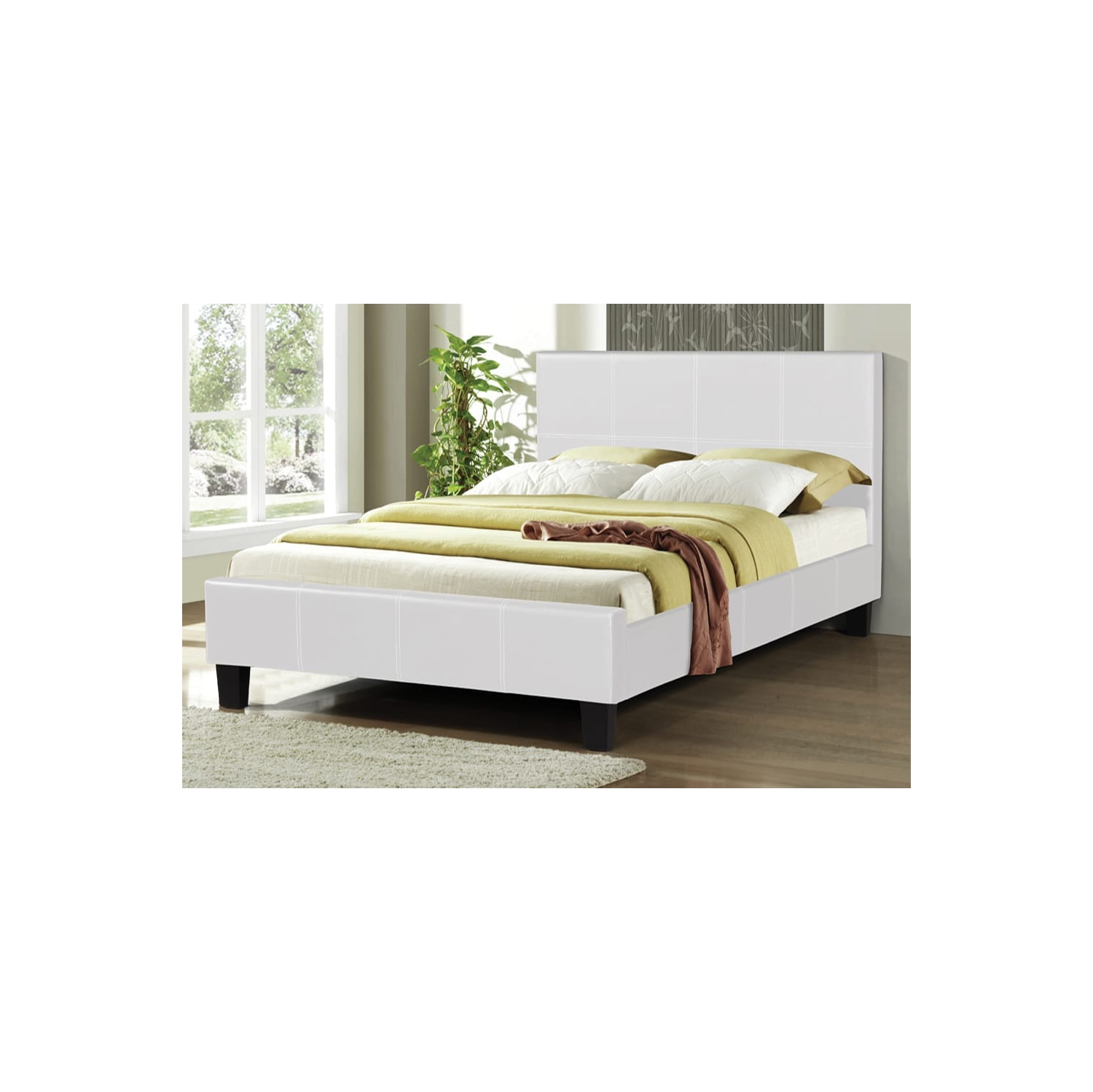 White Bonded Leather Contemporary 54" Double Platform Bed Slats Included No Boxspring Required