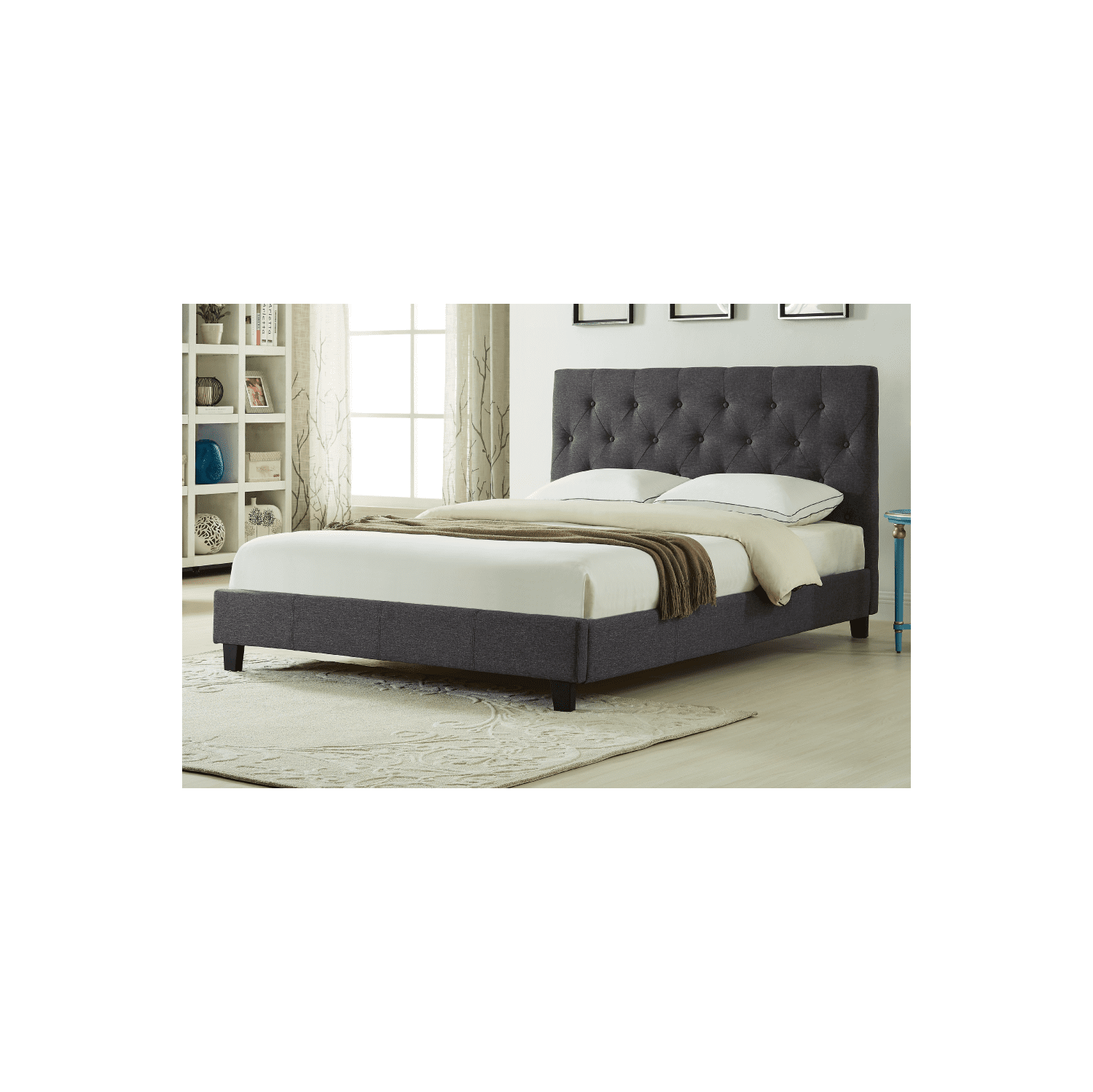 Charcoal Linen Fabric Contemporary 54" Double Platform Bed Slats Included No Boxspring Required