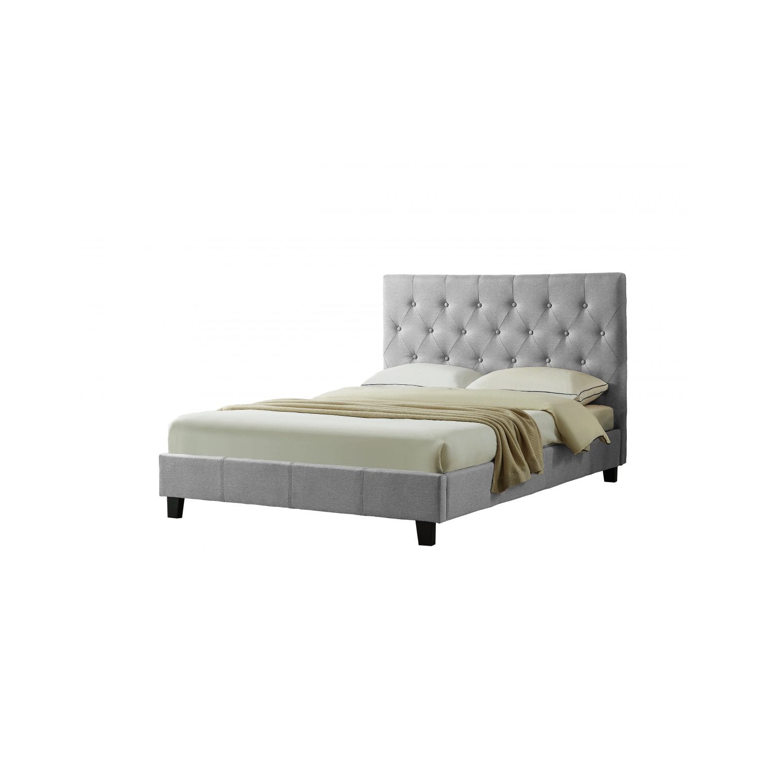 Grey Linen Fabric Contemporary 60" Queen Platform Bed Slats Included No Boxspring Required