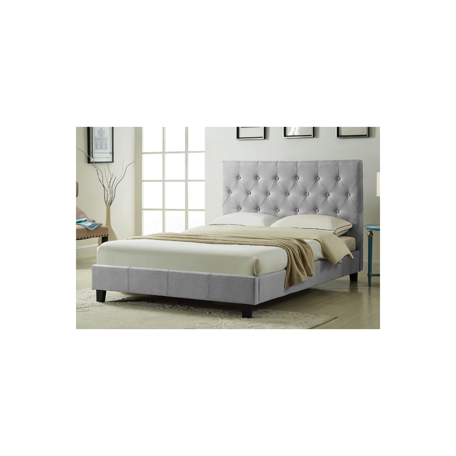 Grey Linen Fabric Contemporary 60" Queen Platform Bed Slats Included No Boxspring Required