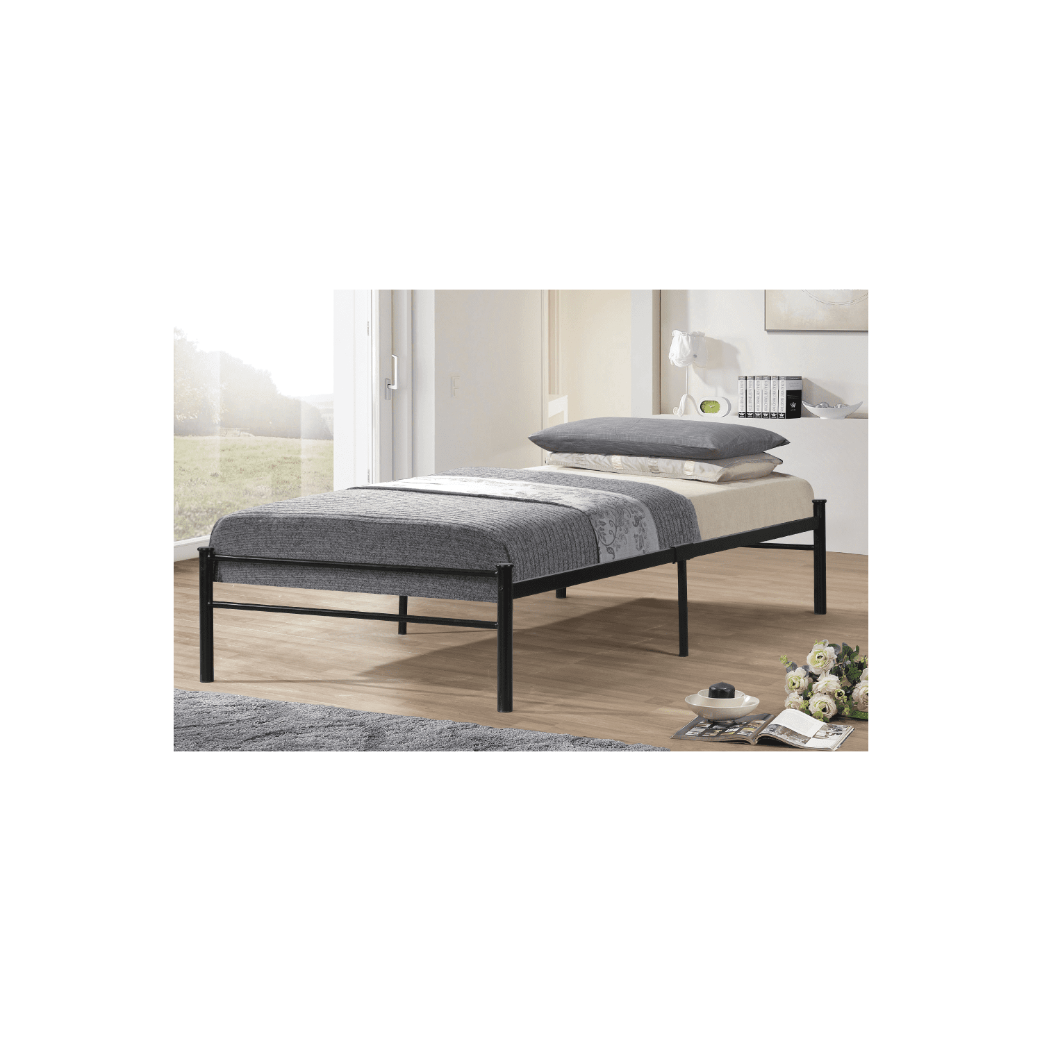 Black Metal Finish 39" Single Bed Frame with Metal Slats Centre Support No Boxspring Required