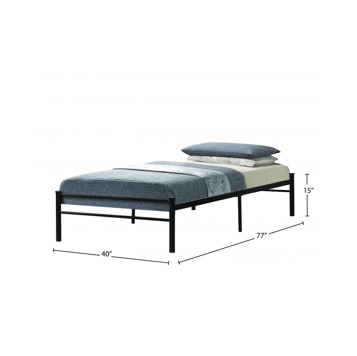 Black Metal Finish 39" Single Bed Frame with Metal Slats Centre Support No Boxspring Required
