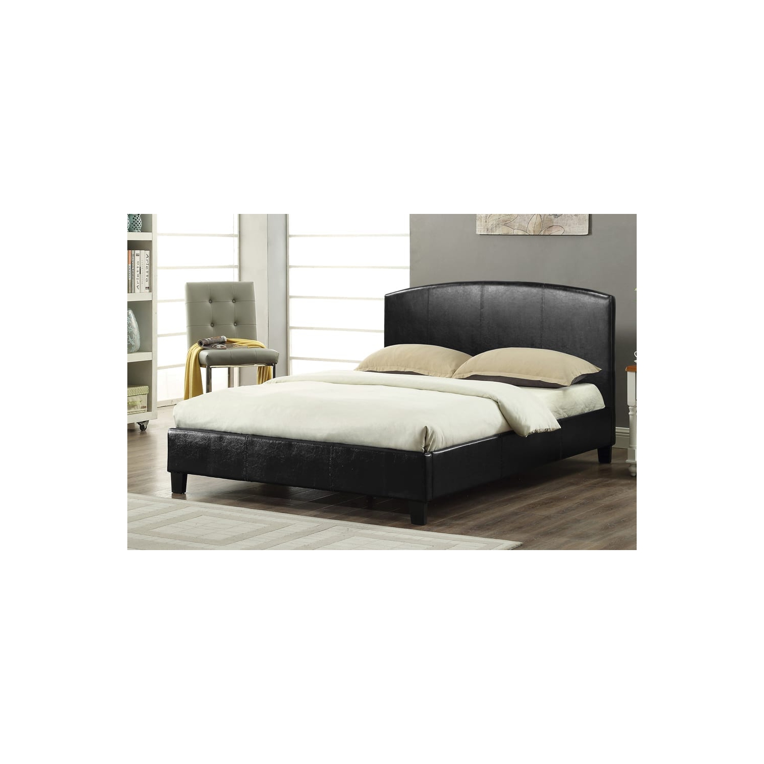 54" Double Black Leatherette Contemporary Platform Bed with Slats No Boxspring Required