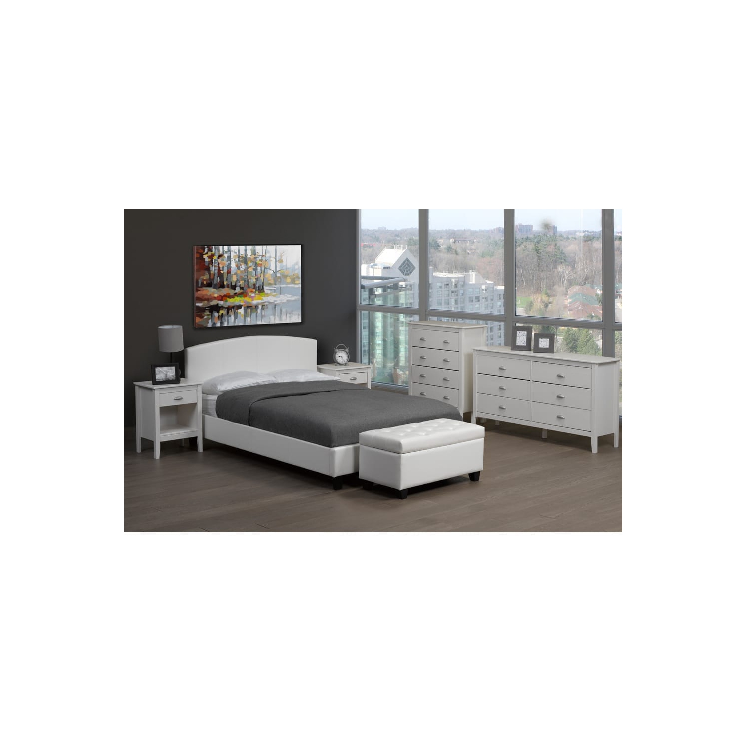 60" Queen White Leatherette Contemporary Platform Bed with Slats No Boxspring Required