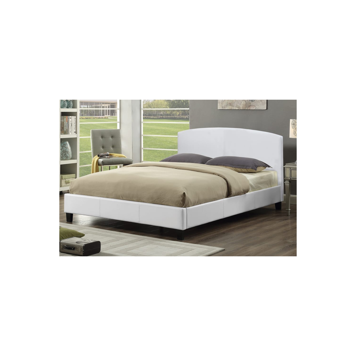 60" Queen White Leatherette Contemporary Platform Bed with Slats No Boxspring Required