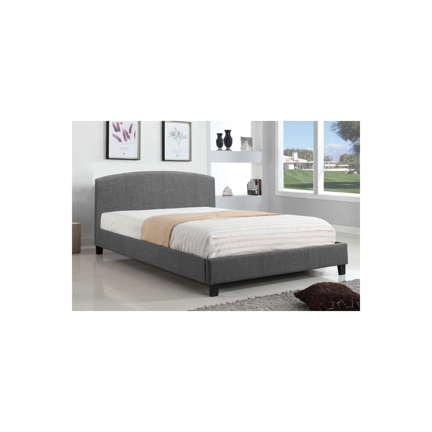 Grey Linen Fabric Contemporary Fully Upholstered 60" Queen Platform Bed Slats Included No Boxspring Required