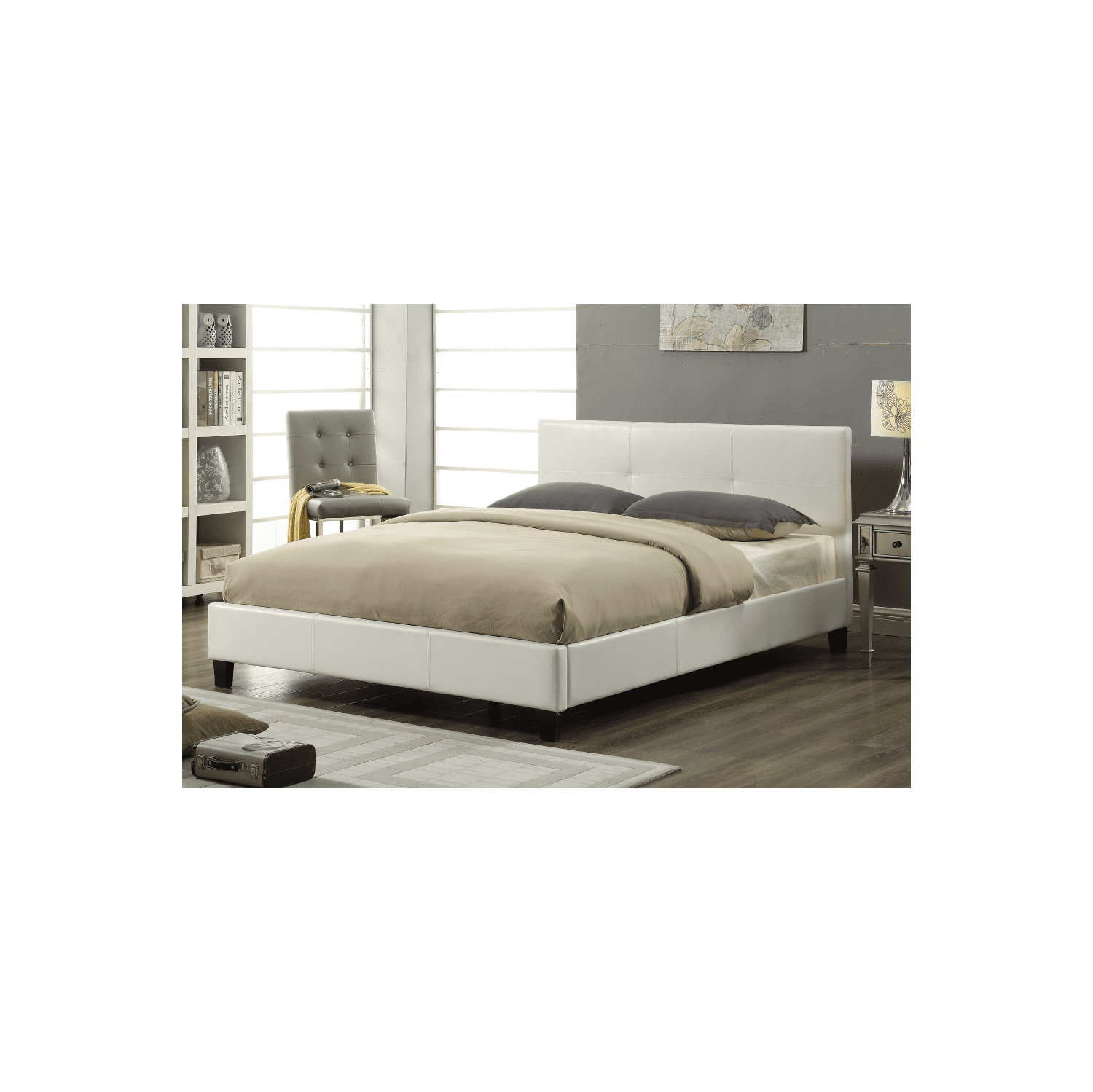 Lattes de lit plateforme simples contemporaines de 39 po en cuir reconstitué blanc incluses Aucun sommier requis