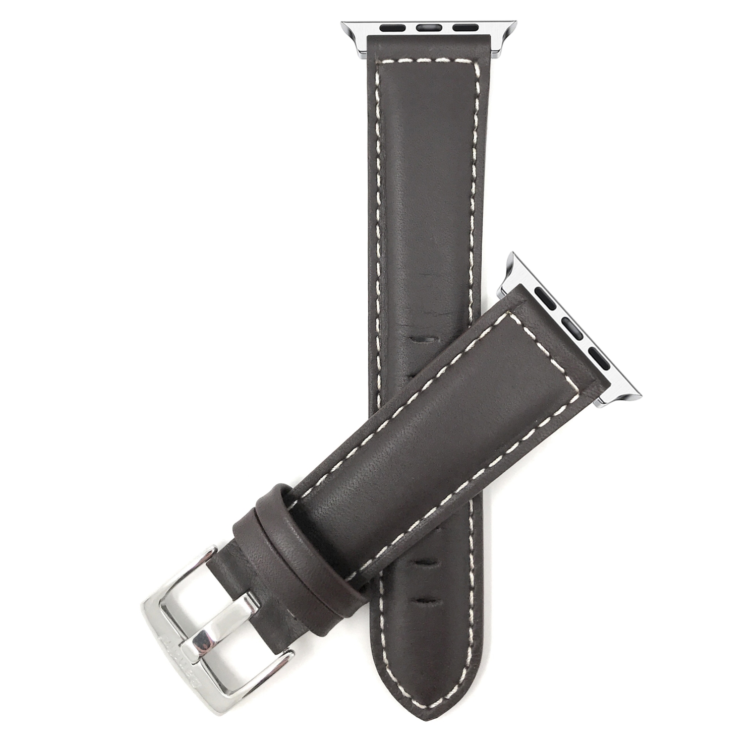 Brown, Leather 42mm / 44mm / 45mm / 49mm Apple Watch Band Strap, Mat Finish, White Stitching, Stainless Steel Buckle, Series 8 7 6 5 4 3 2 1 SE & Ultra