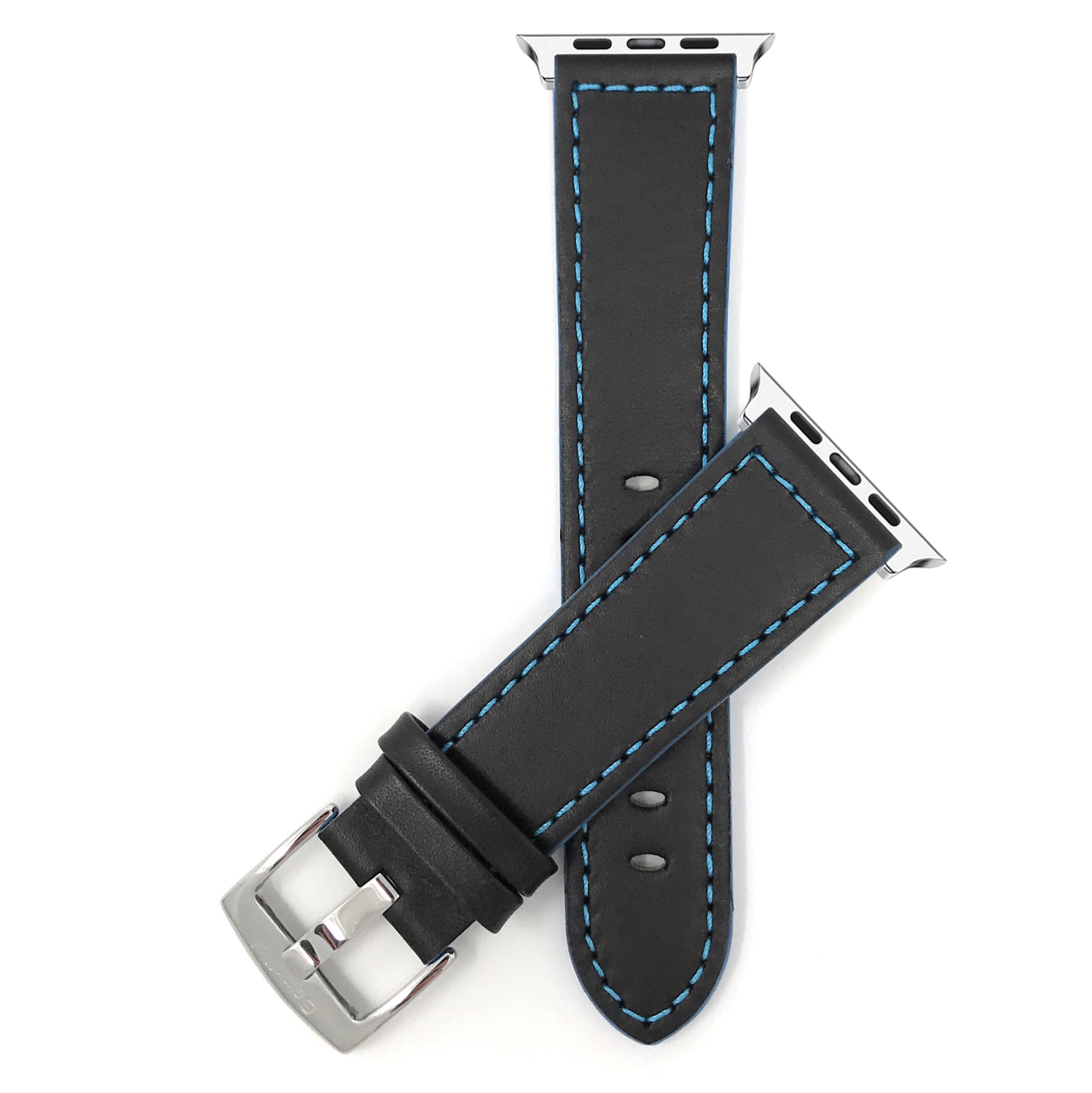 Black / Blue Stitching, Leather 42mm / 44mm / 45mm / 49mm Apple Watch Strap Band, Racer, Stainless Steel Buckle, Series 8 7 6 5 4 3 2 1 SE & Ultra