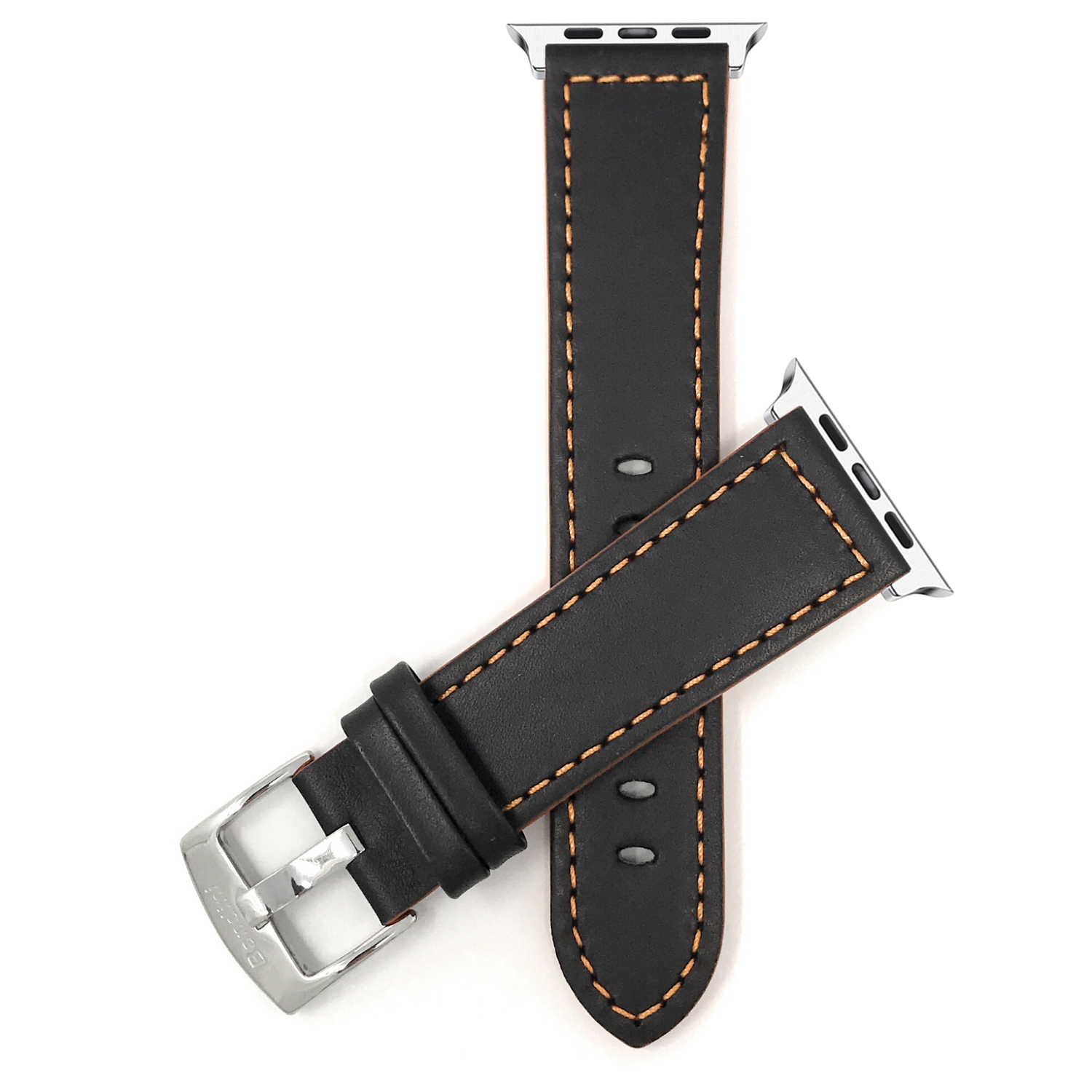 Black / Orange Stitching, Leather 42mm / 44mm / 45mm / 49mm Apple Watch Strap Band, Racer, Stainless Steel Buckle, Series 8 7 6 5 4 3 2 1 SE & Ultra