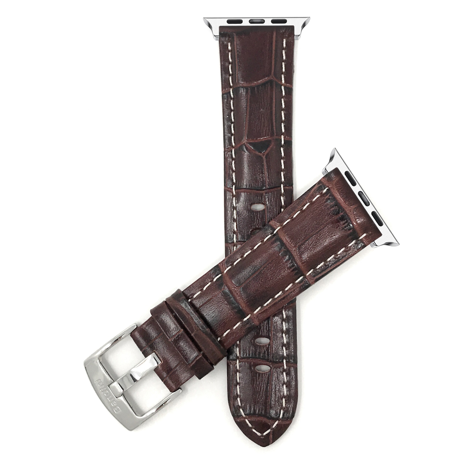 Brown, Mens' Alligator Style Leather 42mm / 44mm / 45mm / 49mm Apple Watch Band Strap, White Stitching, Glossy Finish, Series 8 7 6 5 4 3 2 1 SE & Ultra