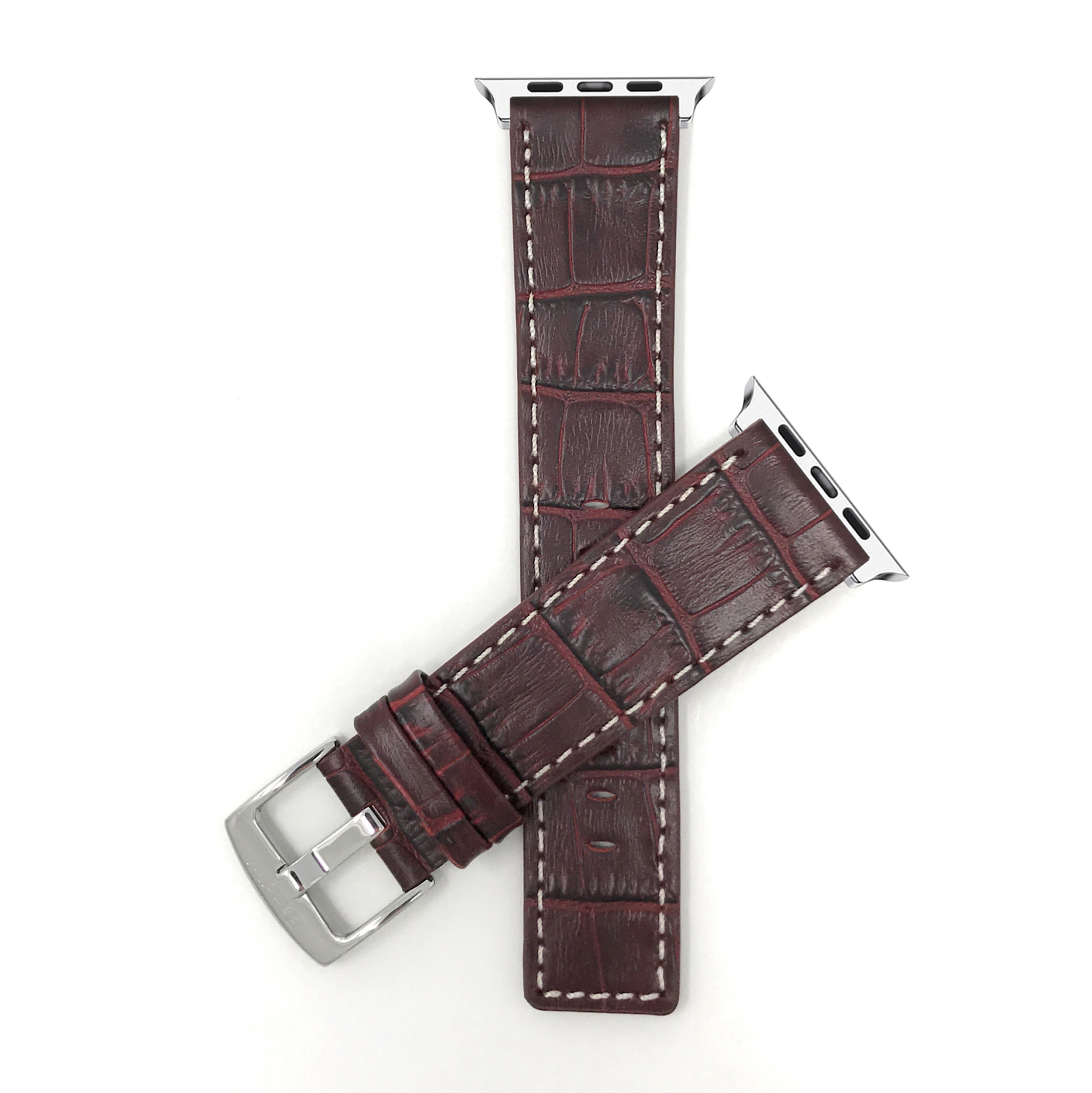 Burgundy, Leather 42mm / 44mm / 45mm / 49mm Apple Watch Band Strap, White Stitching, Stainless Steel Buckle, Series 8 7 6 5 4 3 2 1 SE & Ultra