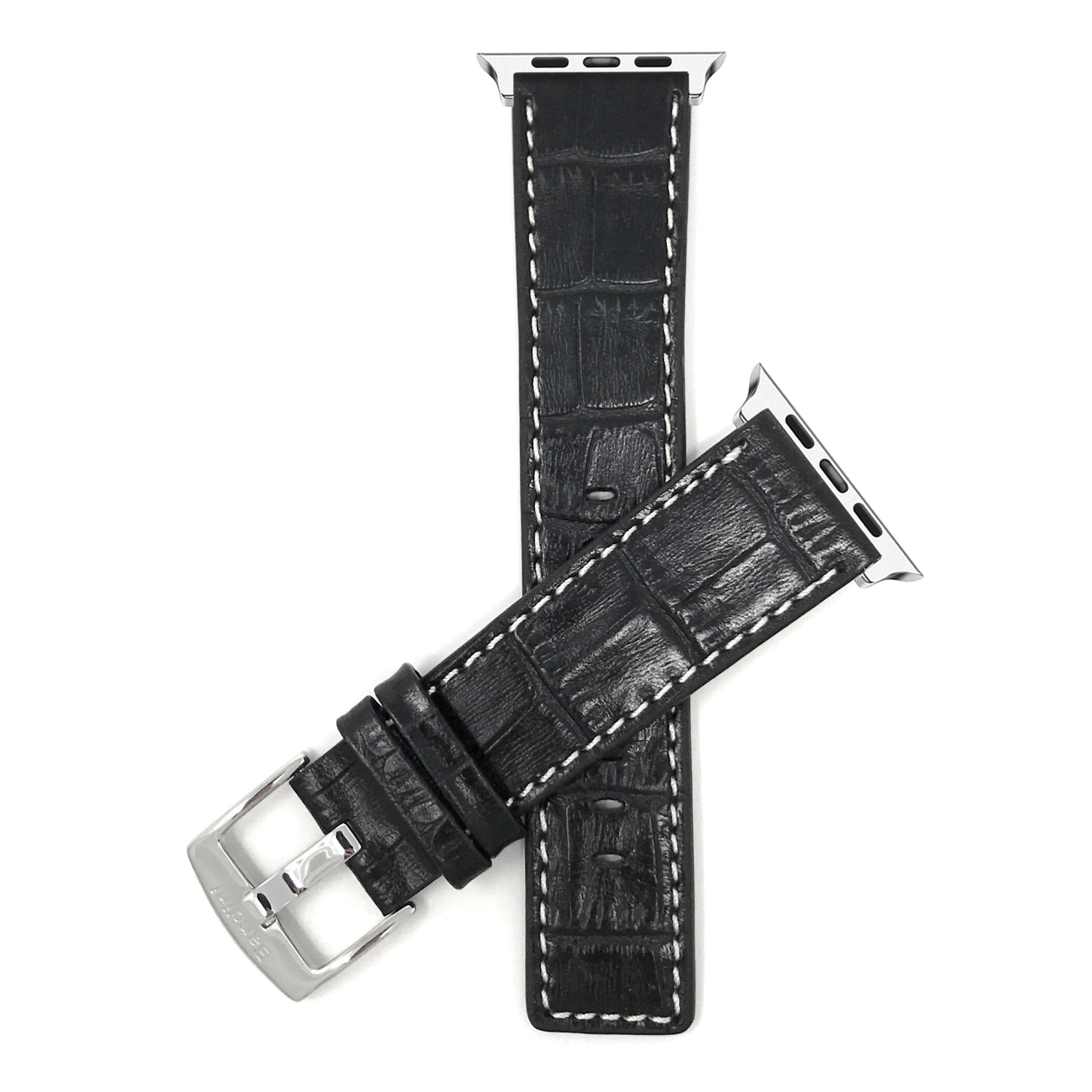 Black, Leather 42mm / 44mm / 45mm / 49mm Apple Watch Band Strap, White Stitching, Stainless Steel Buckle, Series 8 7 6 5 4 3 2 1 SE & Ultra