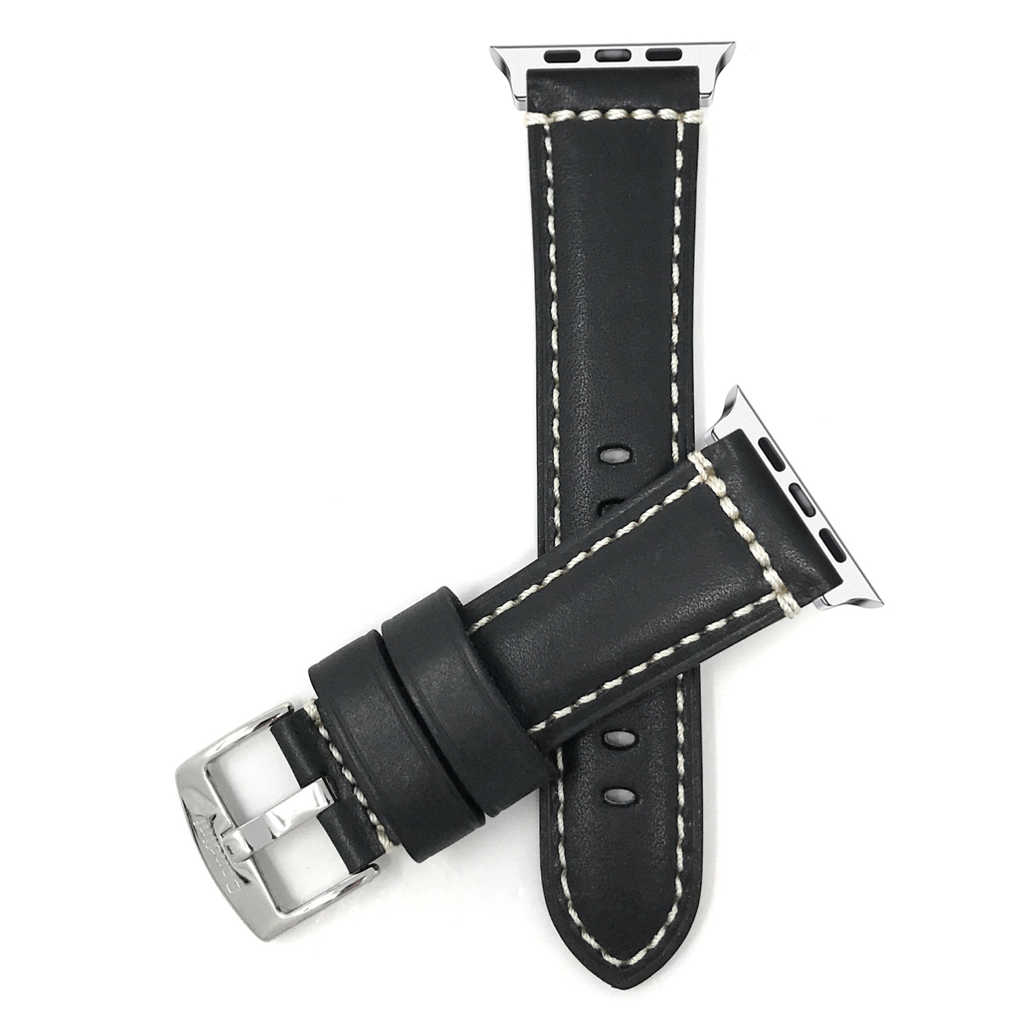 Black, Italian Leather 42mm / 44mm / 45mm / 49mm Apple Watch Strap Band, Double Stitching, Stainless Steel Buckle, Series 8 7 6 5 4 3 2 1 SE & Ultra