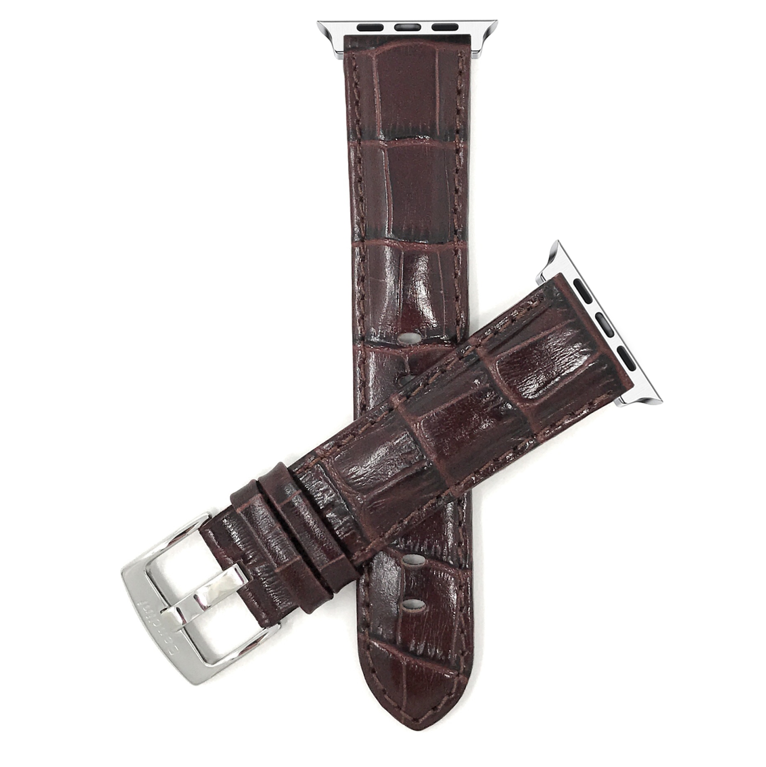 Brown, Extra Long (XL), Mens' Alligator Style Leather 42mm / 44mm / 45mm / 49mm Apple Watch Band Strap, Glossy Finish, Series 8 7 6 5 4 3 2 1 SE & Ultra