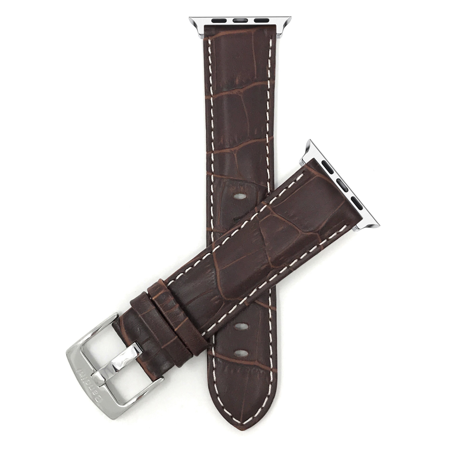 Brown, Mens' Alligator Style Leather 42mm / 44mm / 45mm / 49mm Apple Watch Strap Band, White Stitching, Series 8 7 6 5 4 3 2 1 SE & Ultra