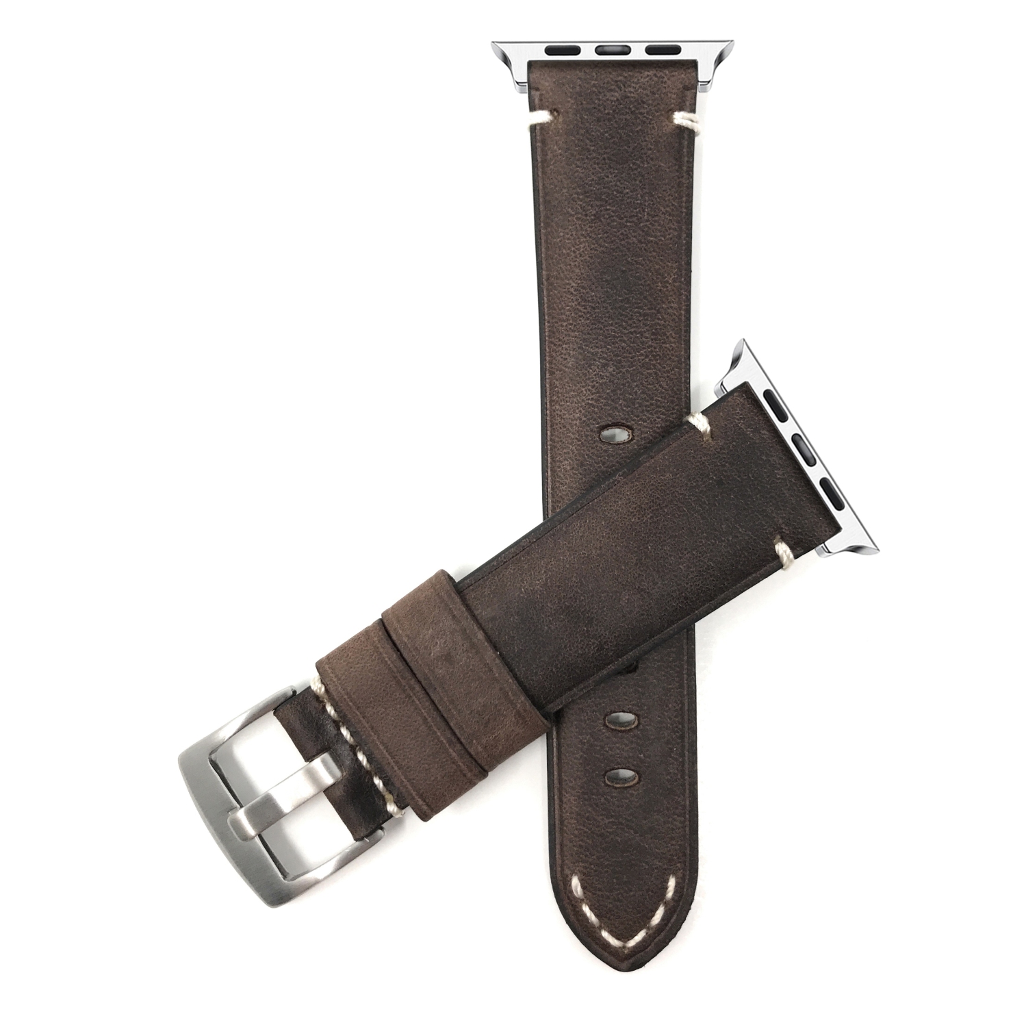 Brown, Vintage 42mm / 44mm / 45mm / 49mm Apple Watch Band Strap, Leather, Stitch, Stainless Steel Buckle, Series 8 7 6 5 4 3 2 1 SE & Ultra