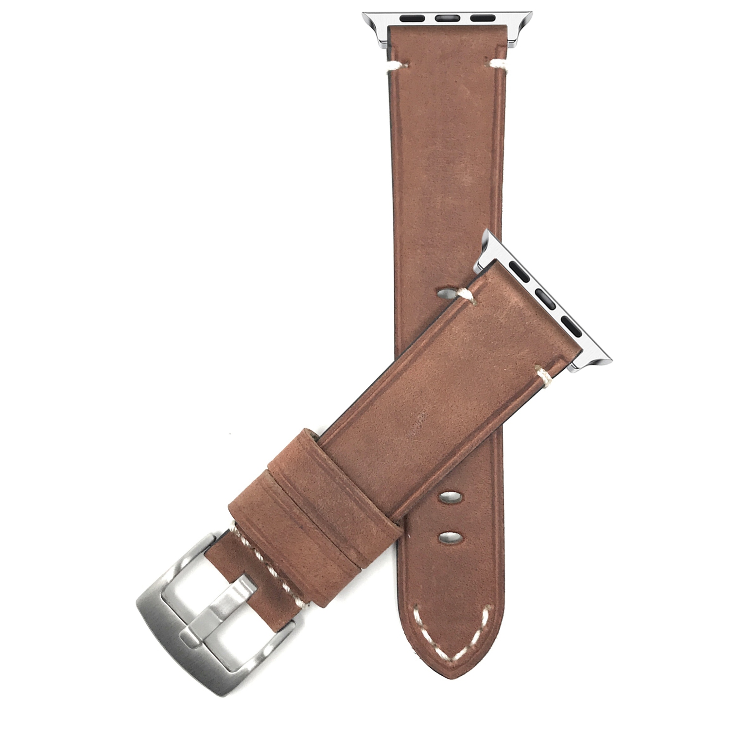 Tan, Vintage 42mm / 44mm / 45mm / 49mm Apple Watch Band Strap, Leather, Stitch, Stainless Steel Buckle, Series 8 7 6 5 4 3 2 1 SE & Ultra
