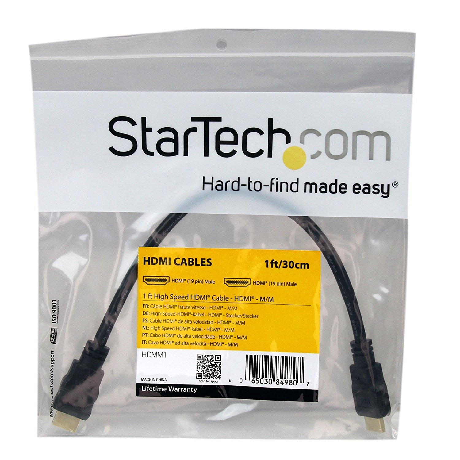 StarTech.com 1 ft High Speed HDMI® Cable - HDMI to HDMI M/M - 19 pin HDMI, 1080p - Audio/Video, Gold-Plated Connectors