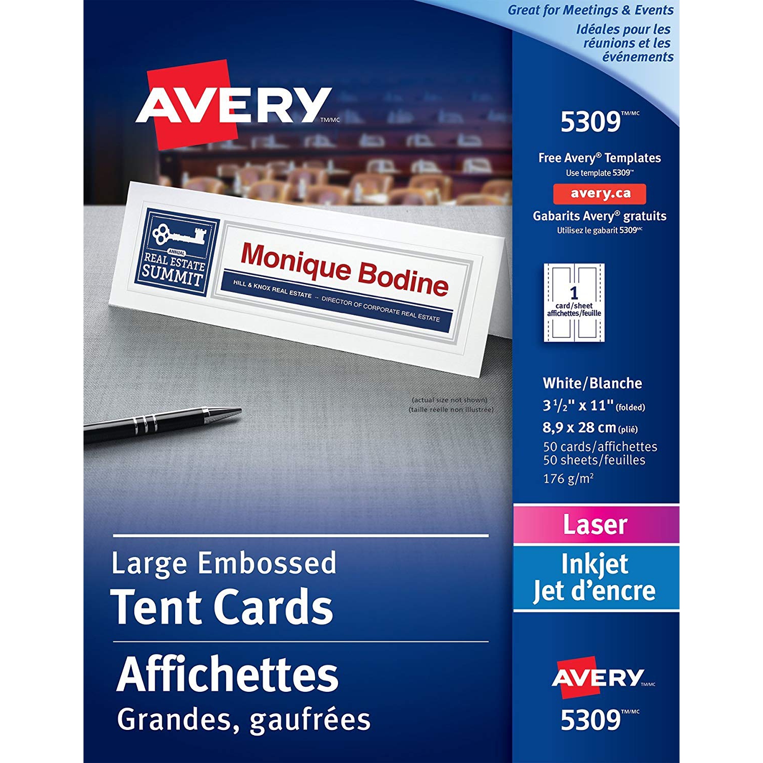 Avery – grandes cartes publicitaires triangulaires imprimables, impression recto verso, 3-1/2 x 11 po, 50 cartes (5309)