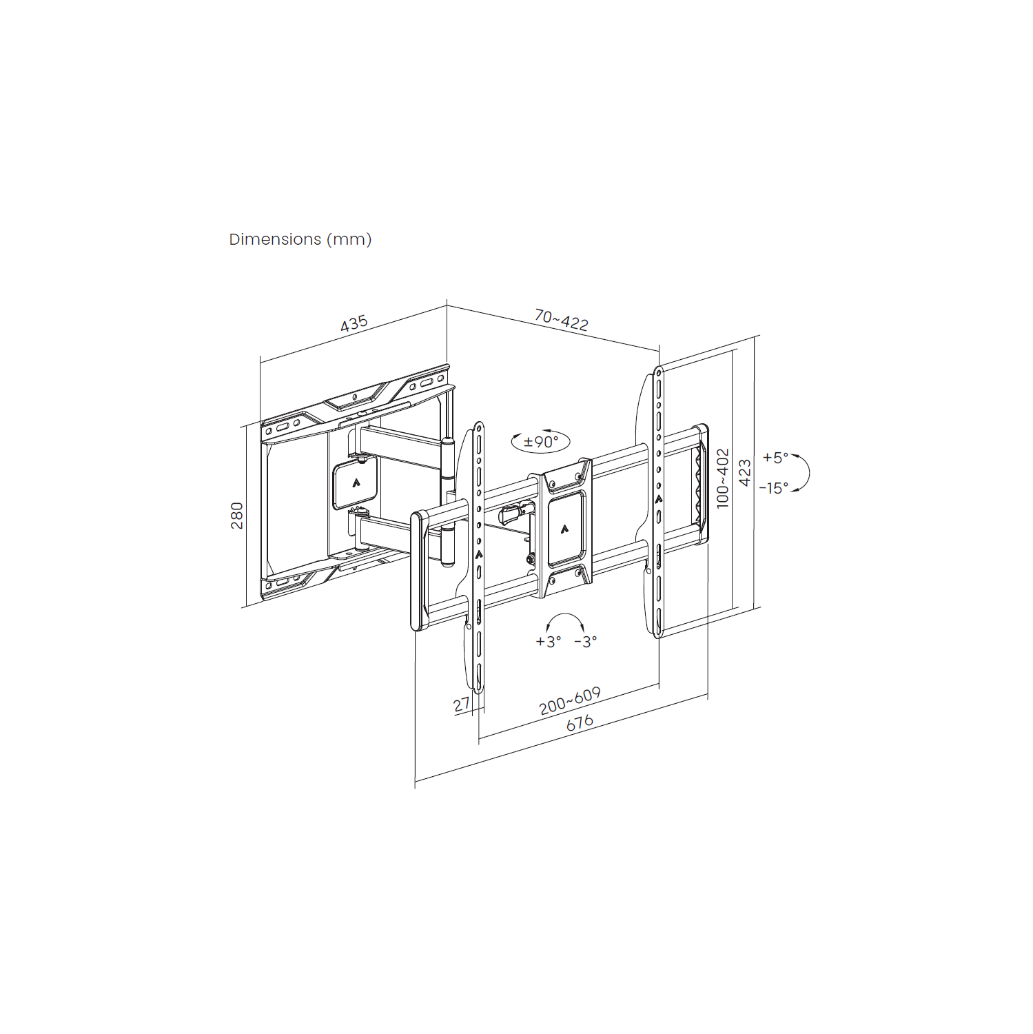 DURAMEX Full Motion LCD LED Plasma TV Wall Mount, Screen Bracket,Max VESA 600 x 400 MM, Fit TV Szie 37" to 90" Weight Limit Upto 50 Kgs / 110 Lbs
