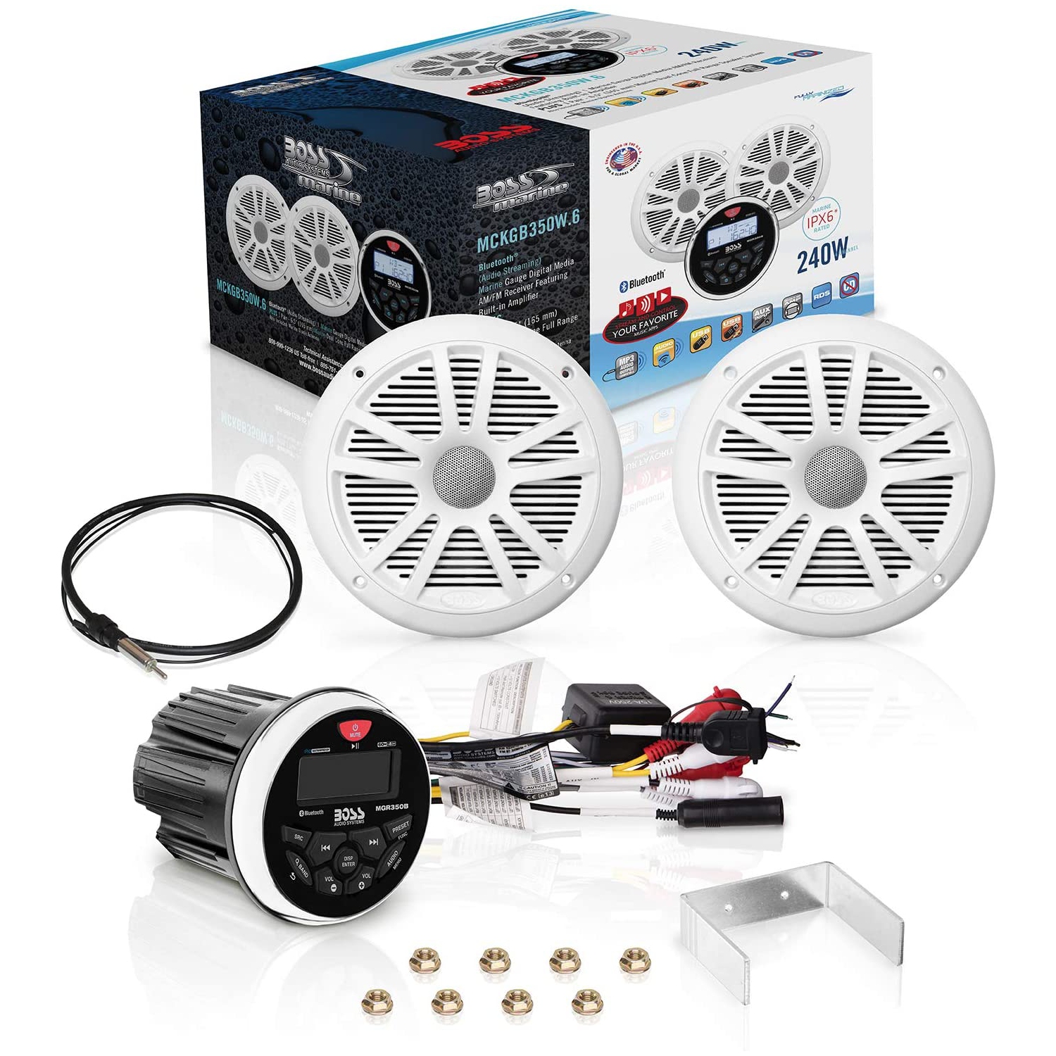 Boss Audio MCKGB350W.6 Combo - Marine Gauge Radio w-Marine Antenna & 2 6.5" Speakers - White