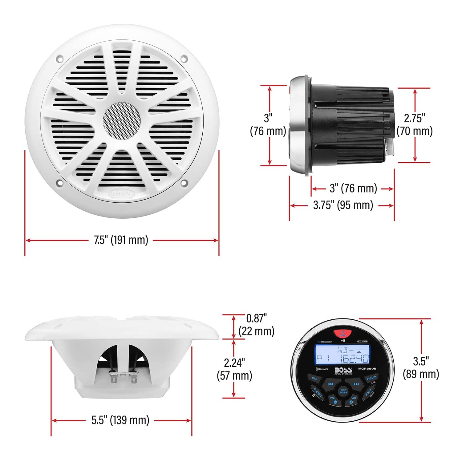 Boss Audio MCKGB350W.6 Combo - Marine Gauge Radio w-Marine Antenna & 2 6.5" Speakers - White