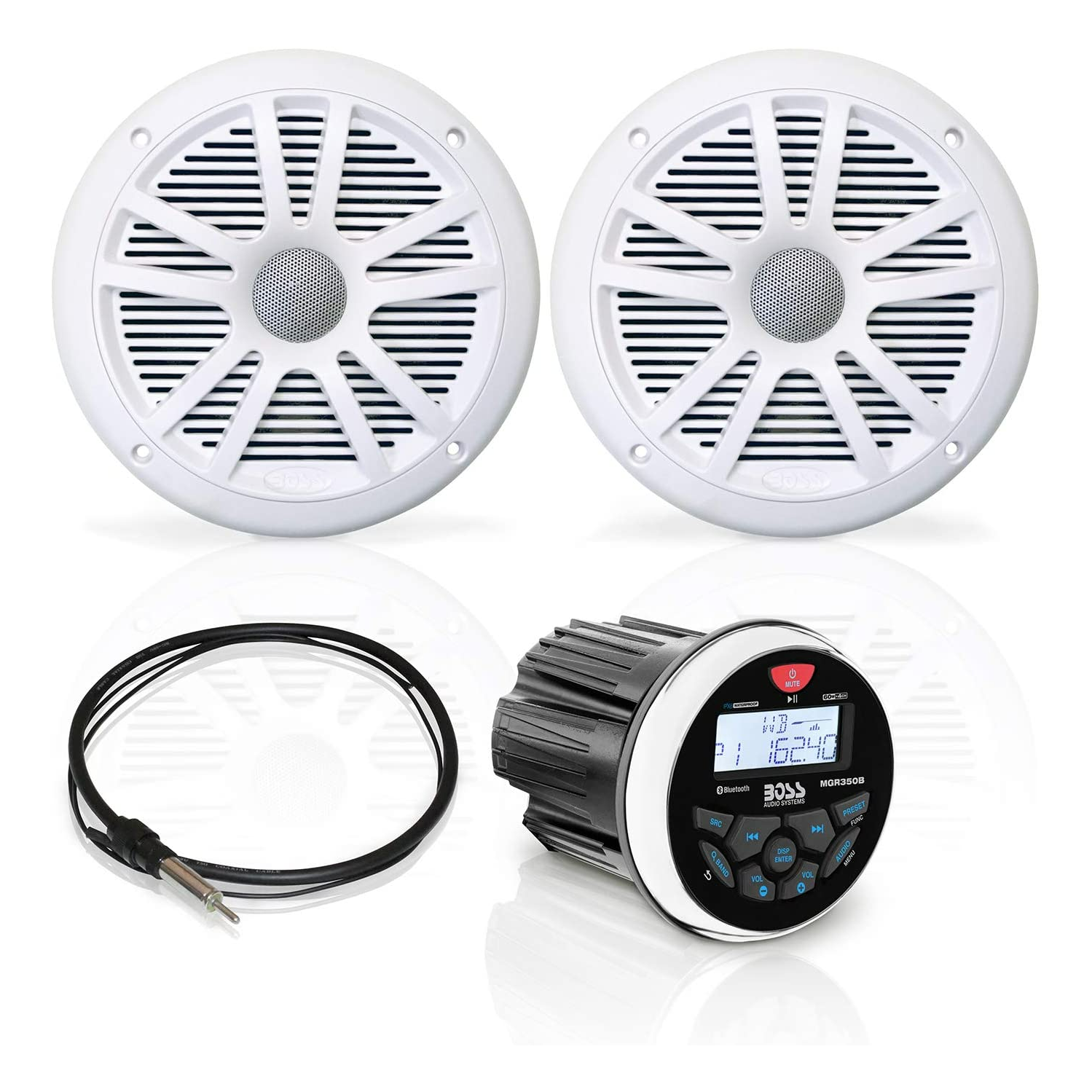 Boss Audio MCKGB350W.6 Combo - Marine Gauge Radio w-Marine Antenna & 2 6.5" Speakers - White