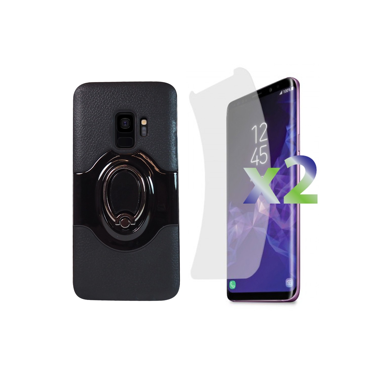 Exian Samsung Galaxy S9 Screen Protectors X 2 and Armored Case with Metal Ring Holder and Built-In Magnetic Metal Black